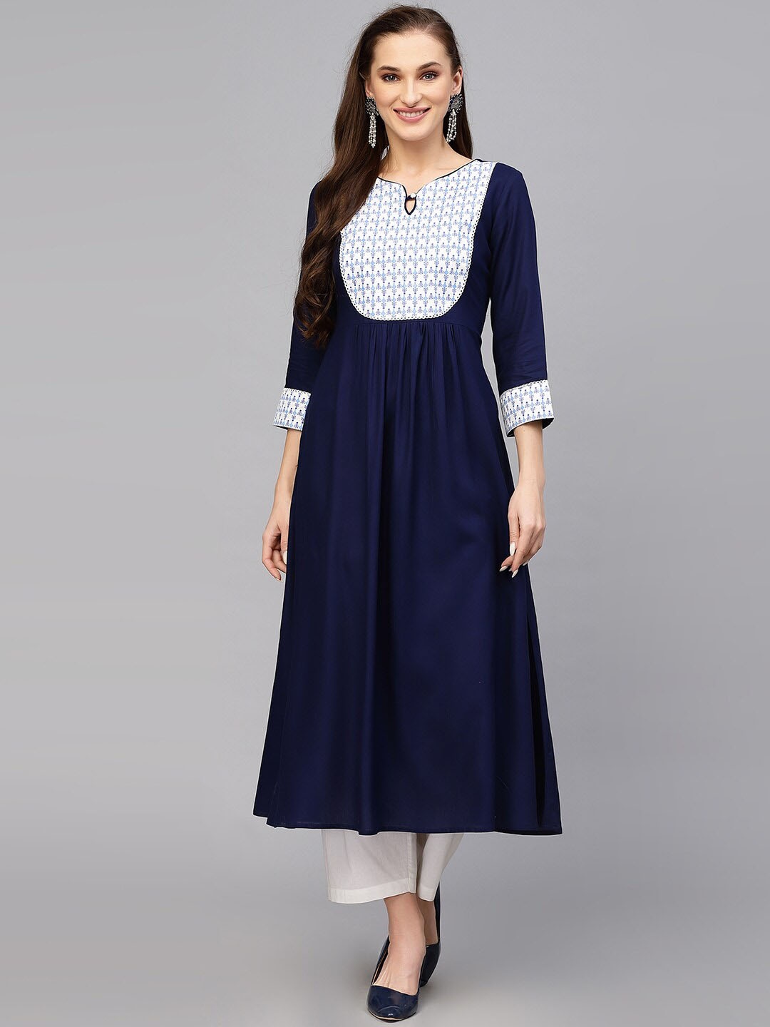 

KALINI Ethnic Motifs Yoke Design Keyhole Neck Pleated Anarkali Kurta, Navy blue