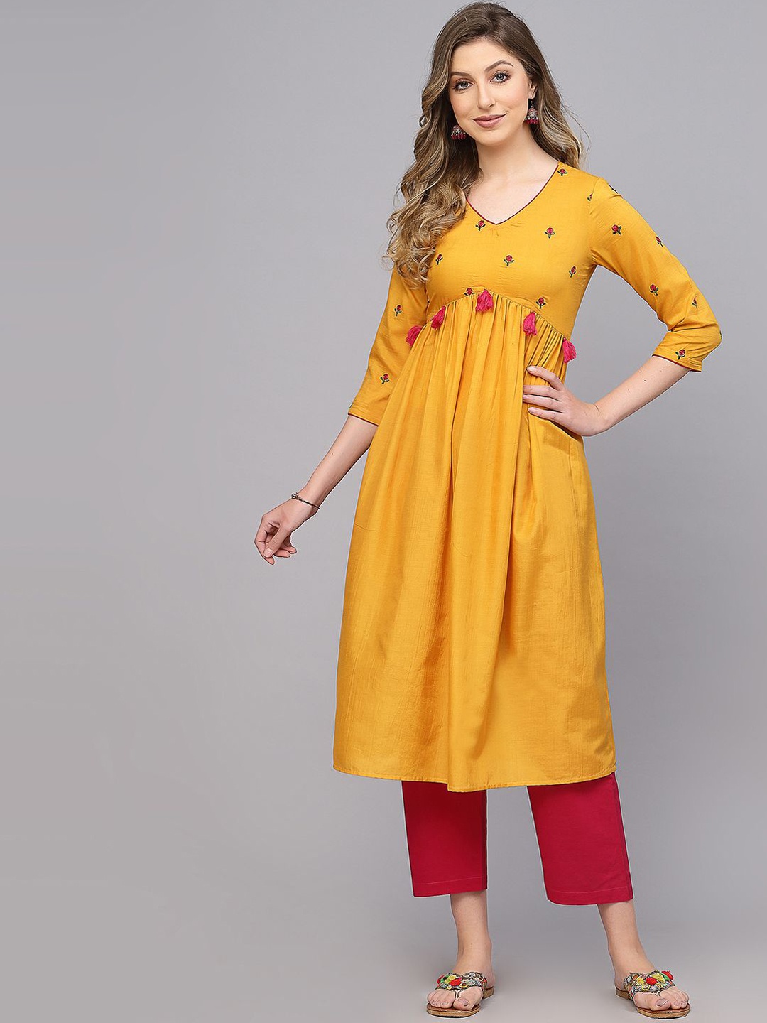

KALINI Ethnic Motifs Yoke Design Thread Work V-Neck Cotton Silk Anarkali Kurta, Mustard