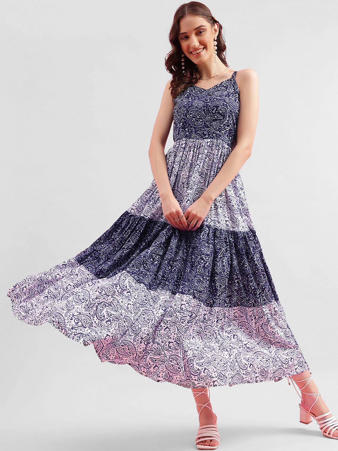 

KALINI Ethnic Motifs Printed Shoulder Straps Fit And Flare Ethnic Dress, Blue