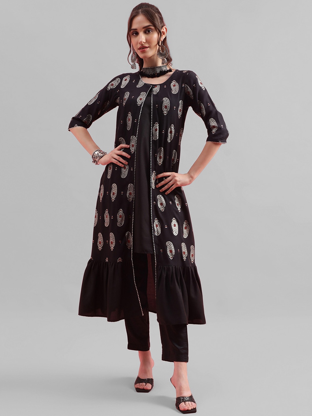 

KALINI Paisley Foil Printed Gotta Patti Layered A-Line Kurta, Black