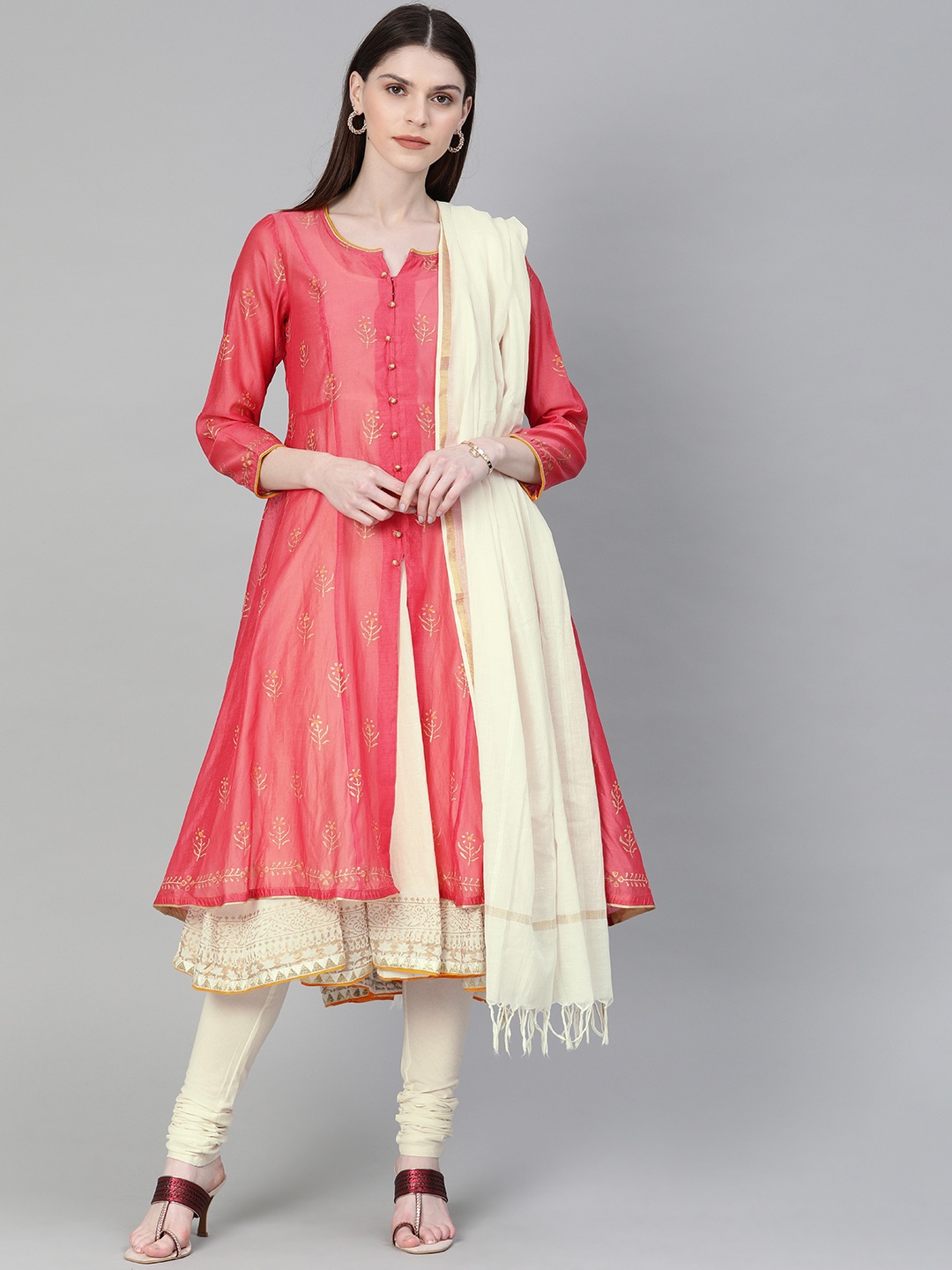 

Biba Women Pink & White Printed Kurta with Churidar & Dupatta