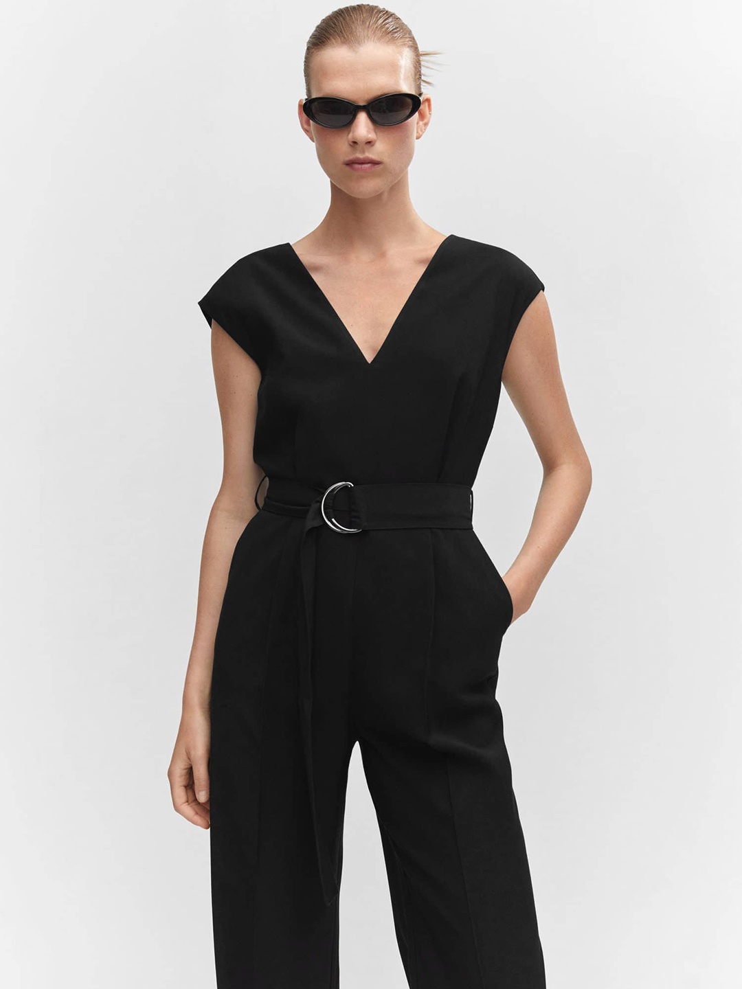 

MANGO V-Neck Belted Basic Jumpsuit, Black