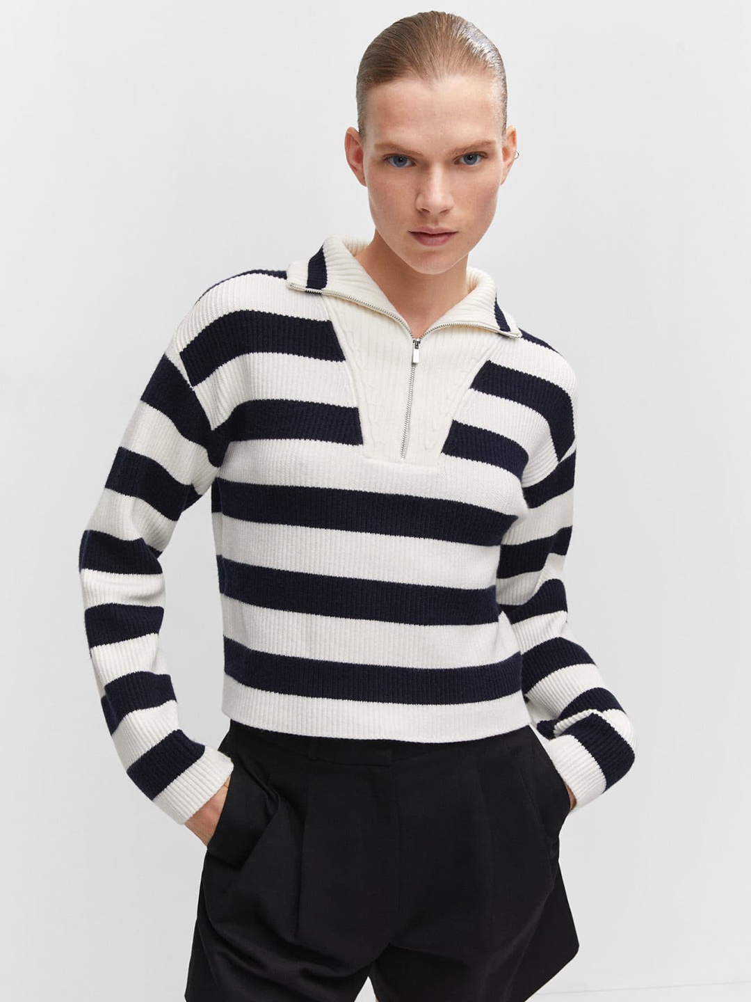 

MANGO Striped Half Zipper Pullover, White