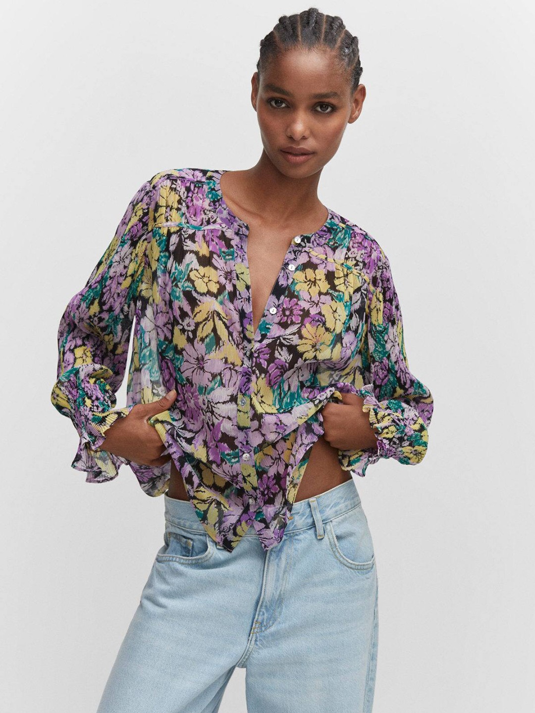 

MANGO Floral Print Textured Band Collar Top, Lavender