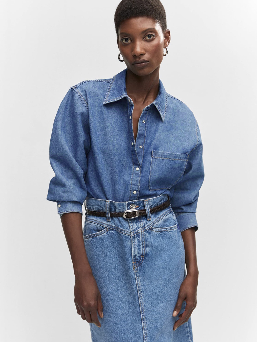 

MANGO Pure Cotton Longline Denim Casual Shirt, Blue
