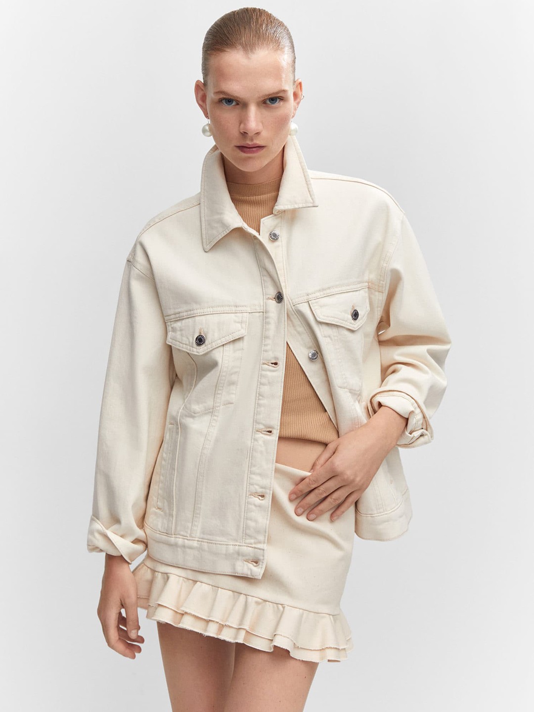 

MANGO Women Pure Cotton Denim Jacket, Cream