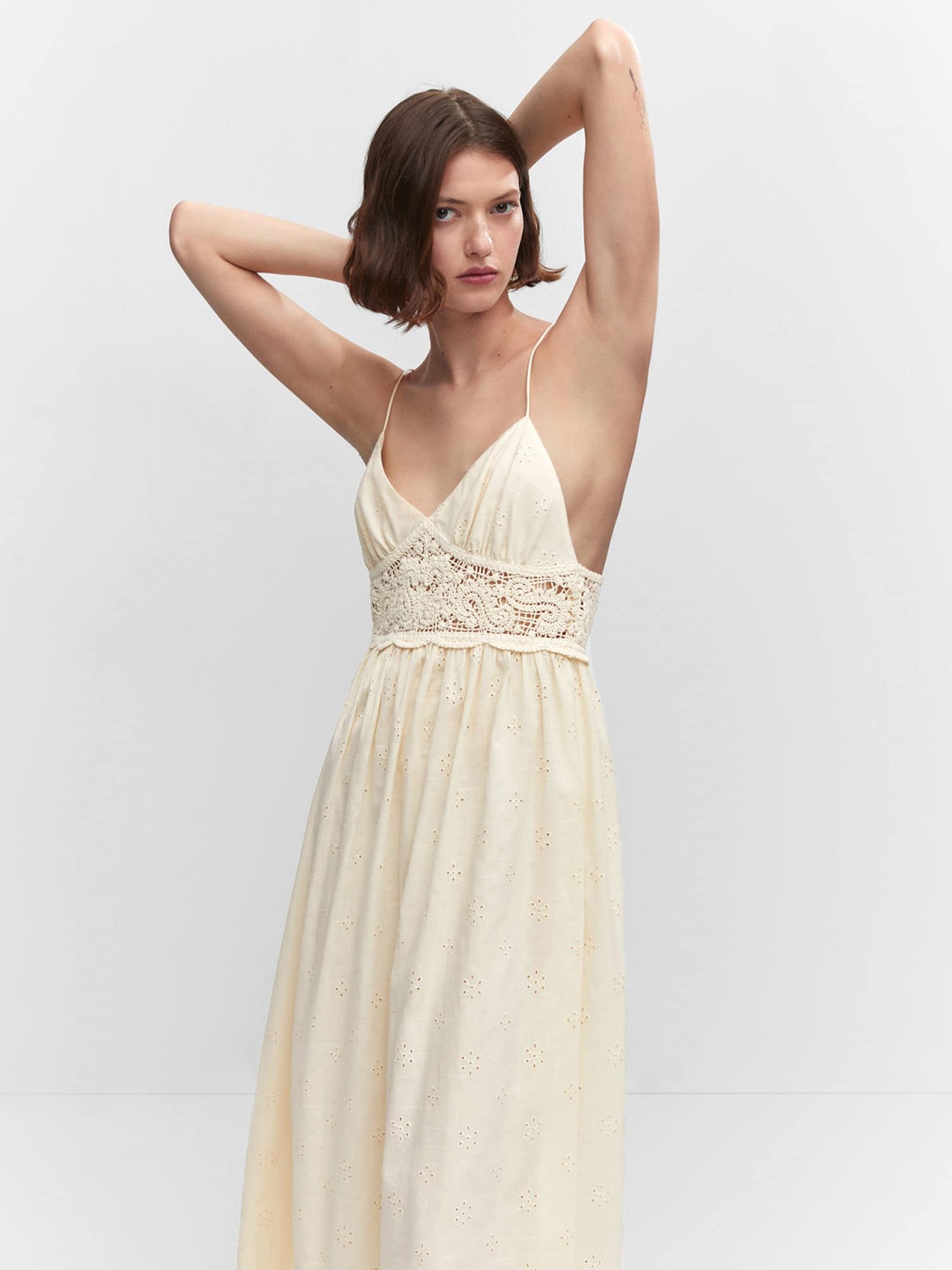 

MANGO Cotton Schiffli Embroidered Maxi Dress, Cream