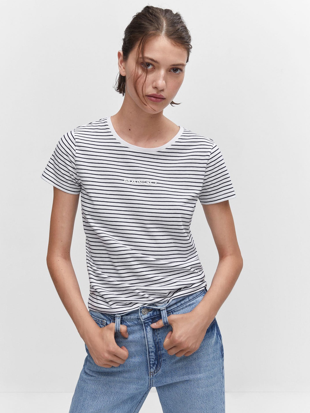 

MANGO Women Striped Pure Cotton T-shirt, White