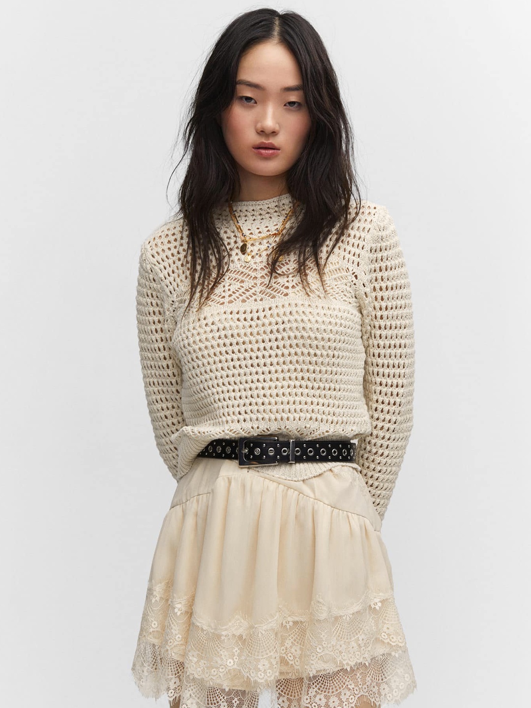 

MANGO Open-Knit Pullover, Beige