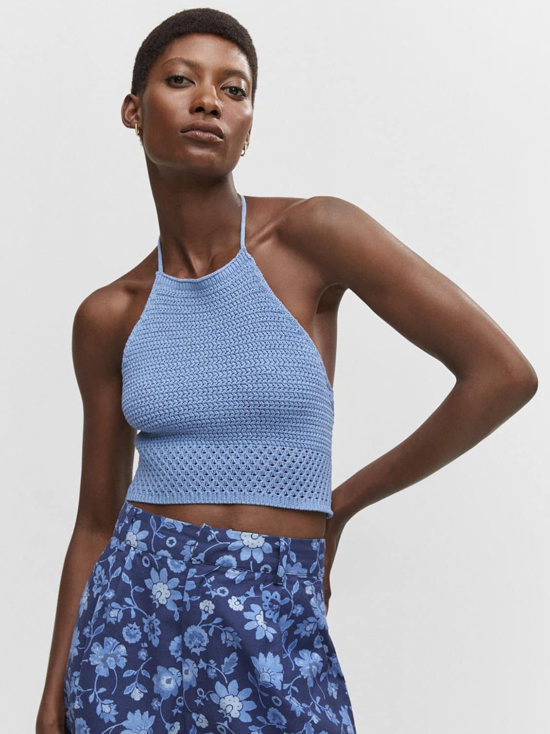 

MANGO Halter Neck Crochet Styled Back Crop Top, Blue