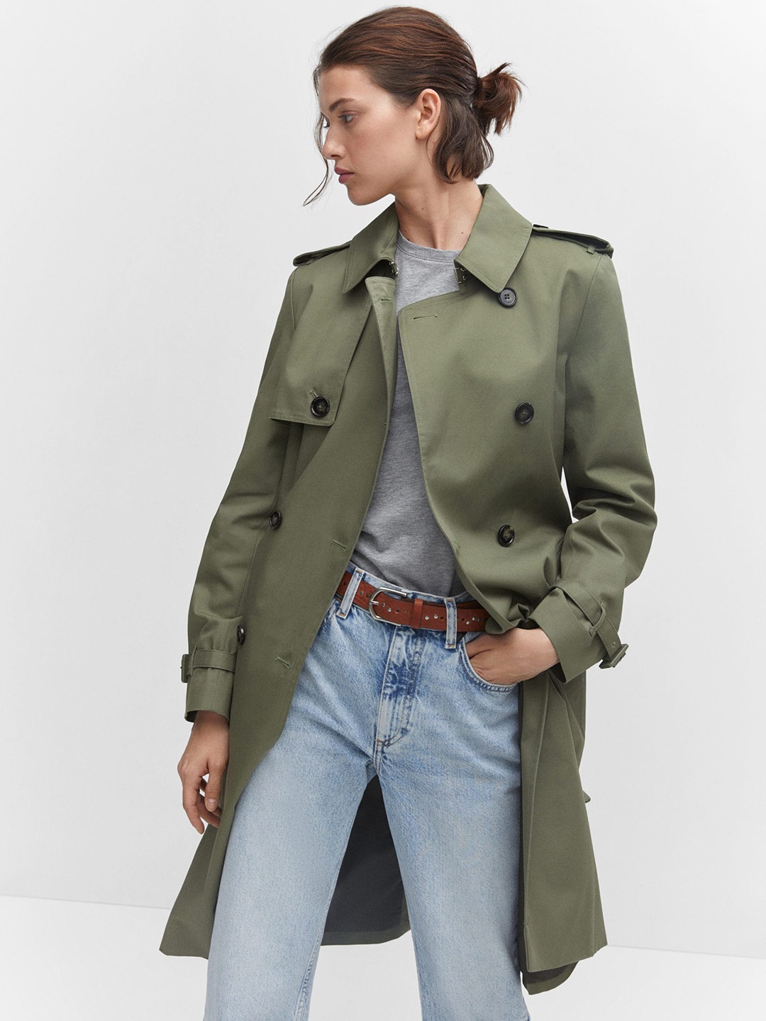 

MANGO Double-Breasted Longline Trench Coat, Olive