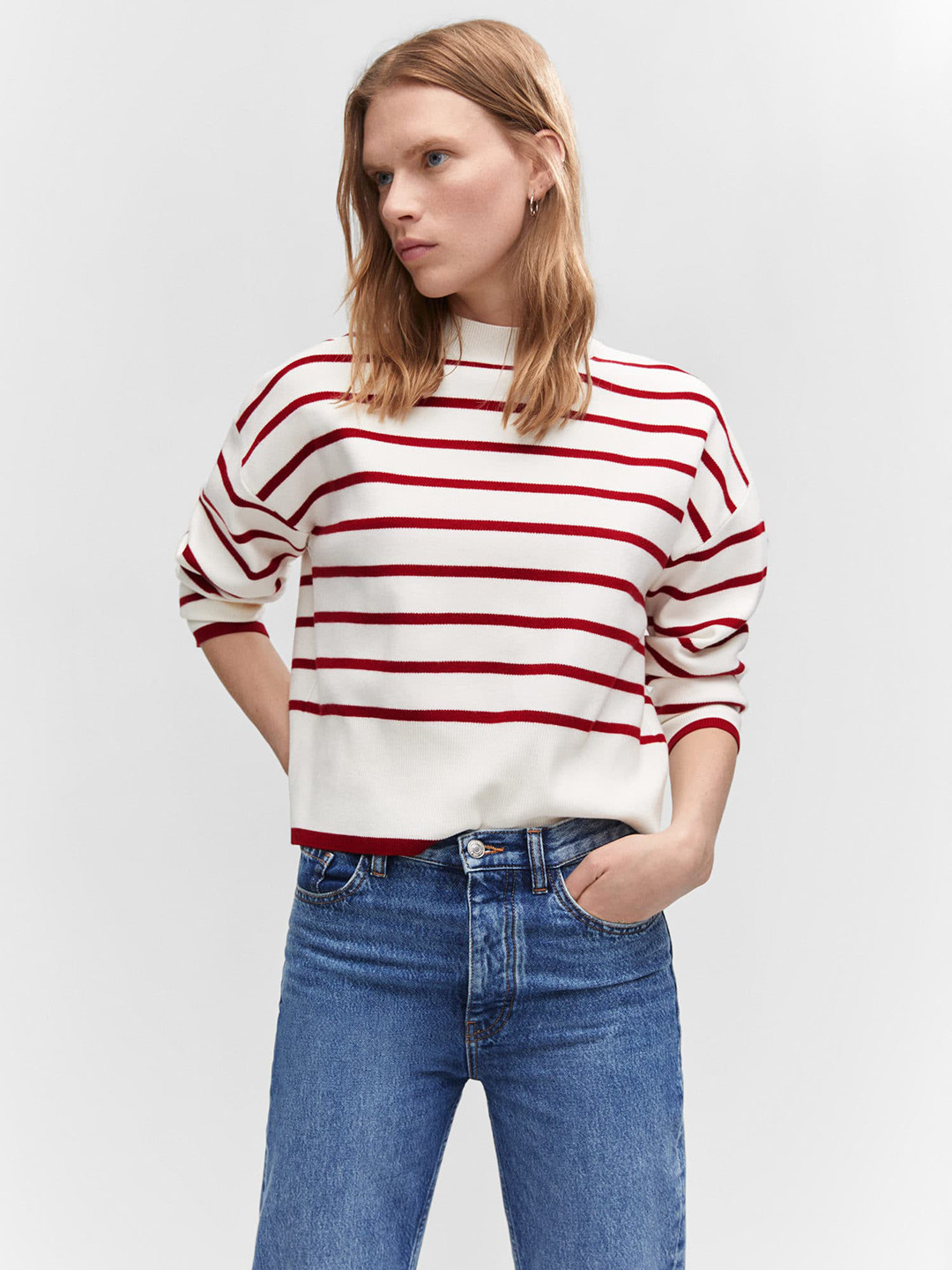 

MANGO Striped High Neck Pullover, White