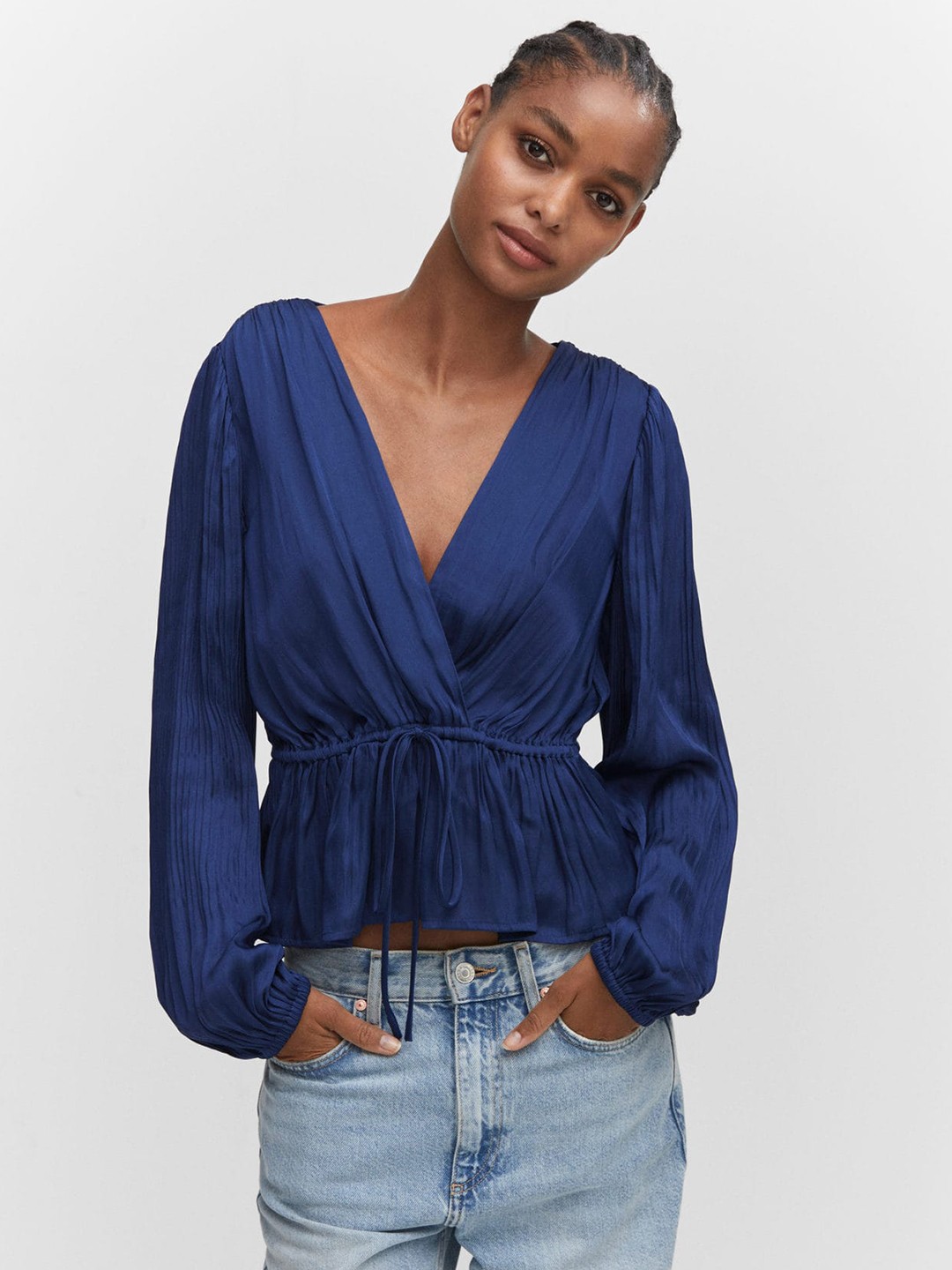 

MANGO Solid Peplum Top, Navy blue