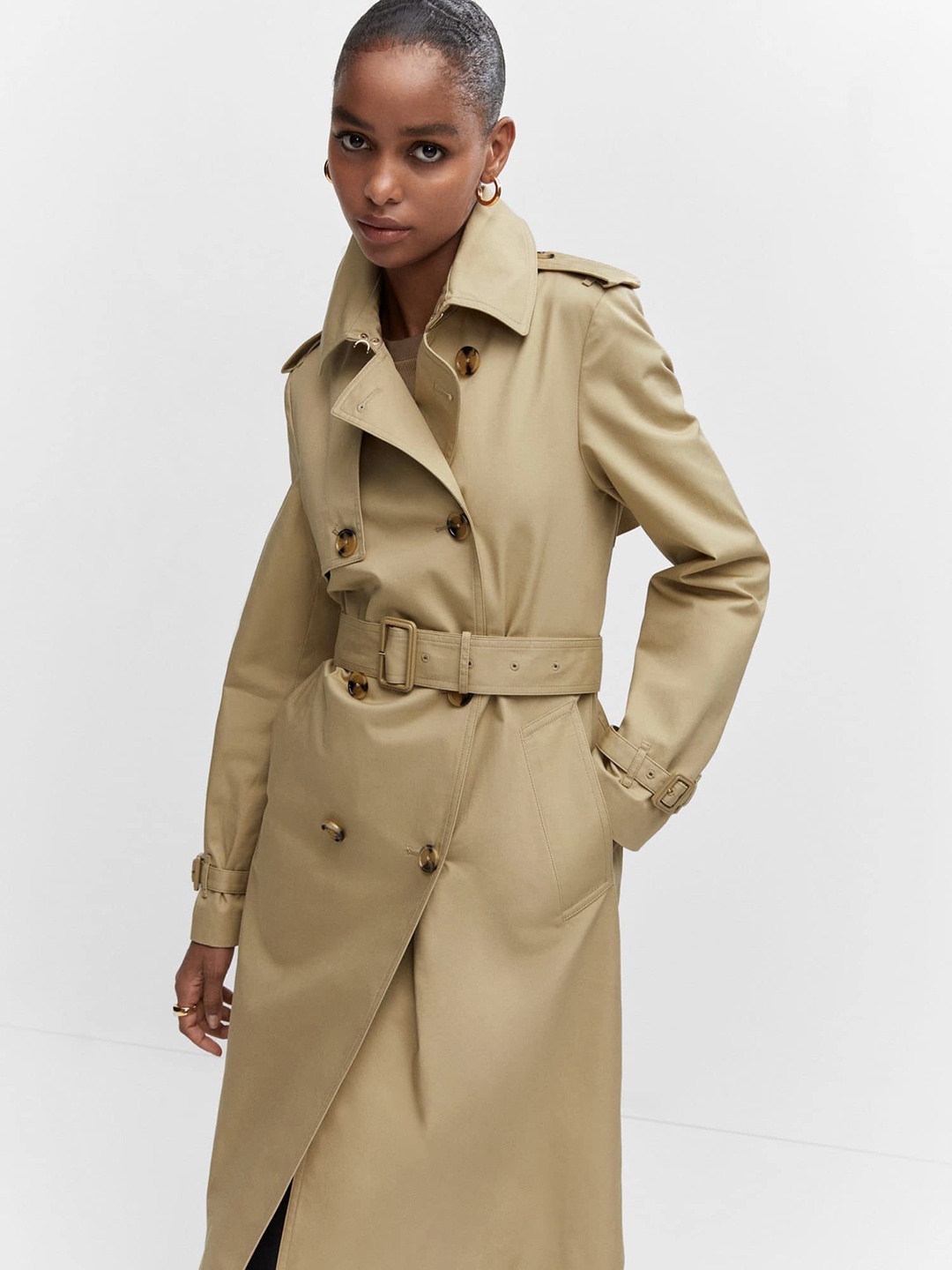 

MANGO Double-Breasted Longline Trench Coat, Beige