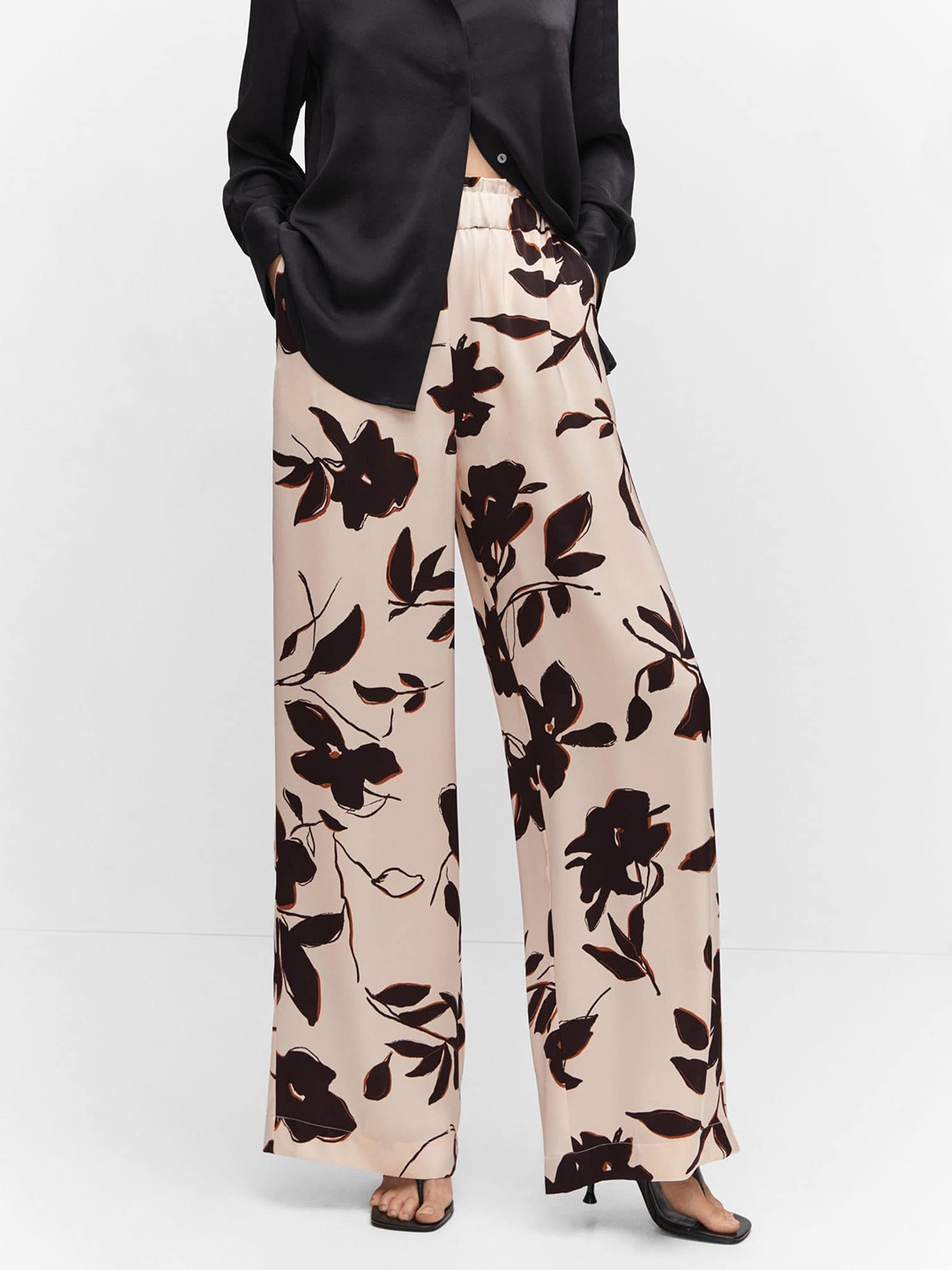 

MANGO Women Floral Print Wide Leg Trousers, Cream