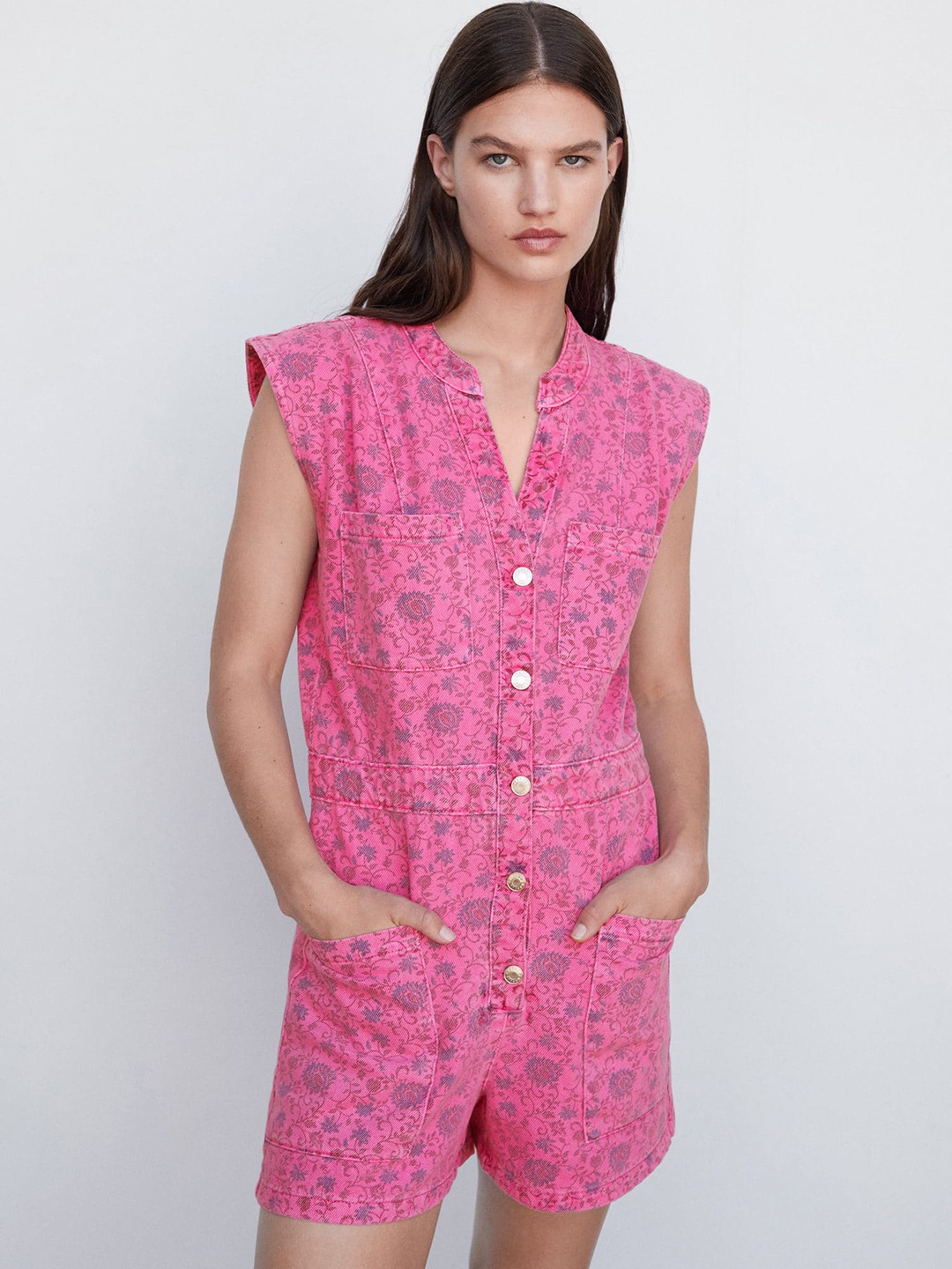

MANGO Printed Denim Playsuit, Pink
