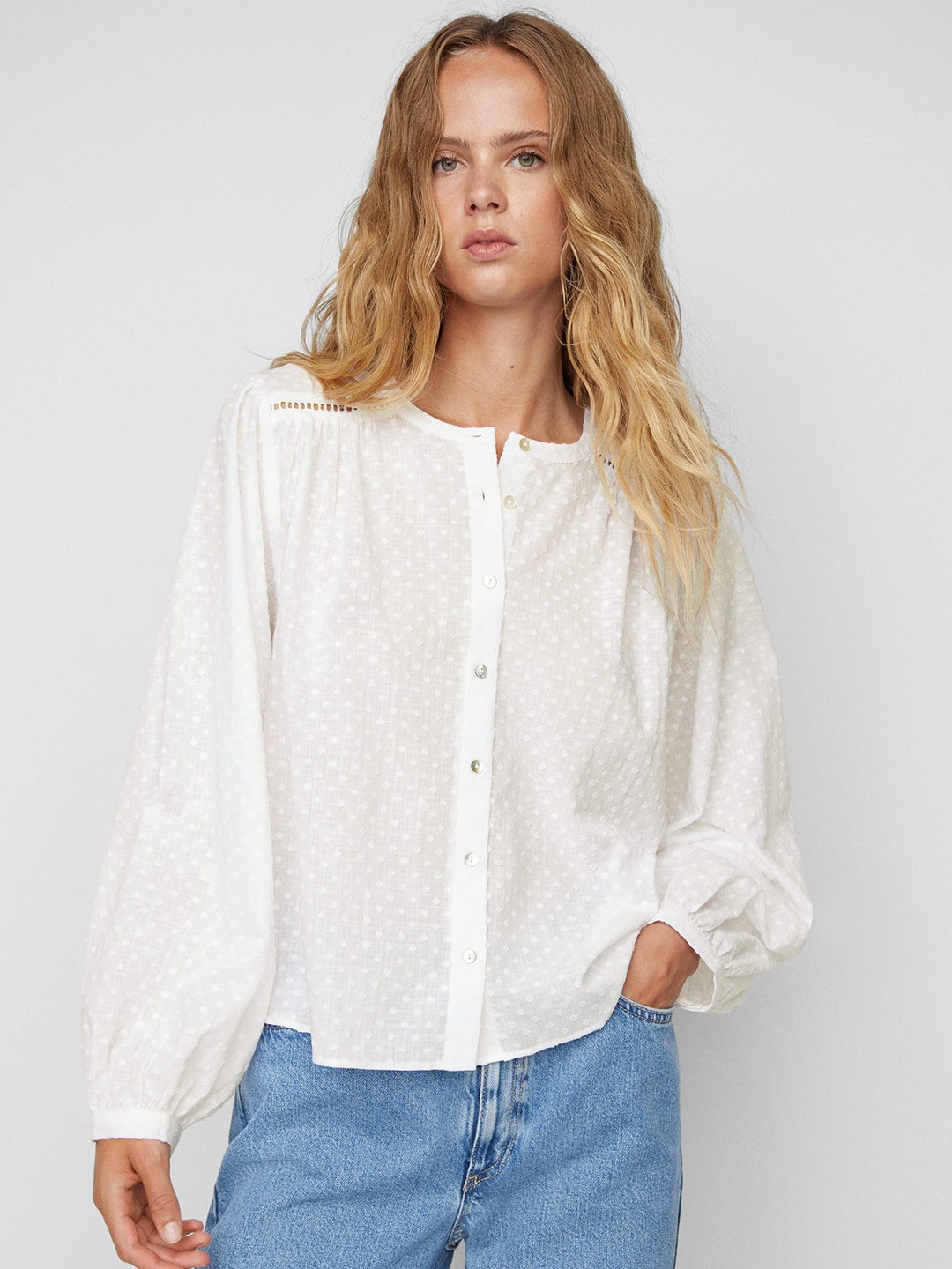 

MANGO Bishop Sleeves Dobby Cotton Shirt Style Top, White