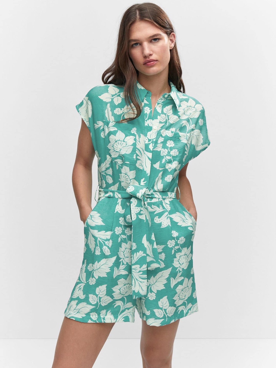 

MANGO Floral Print Jumpsuit with Belt, Green