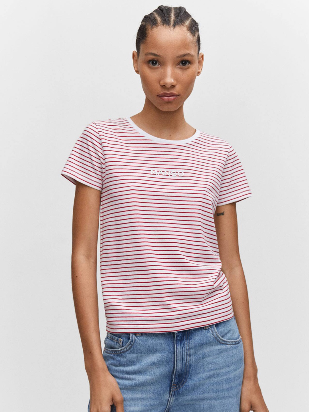

MANGO Women Striped Pure Cotton T-shirt, White