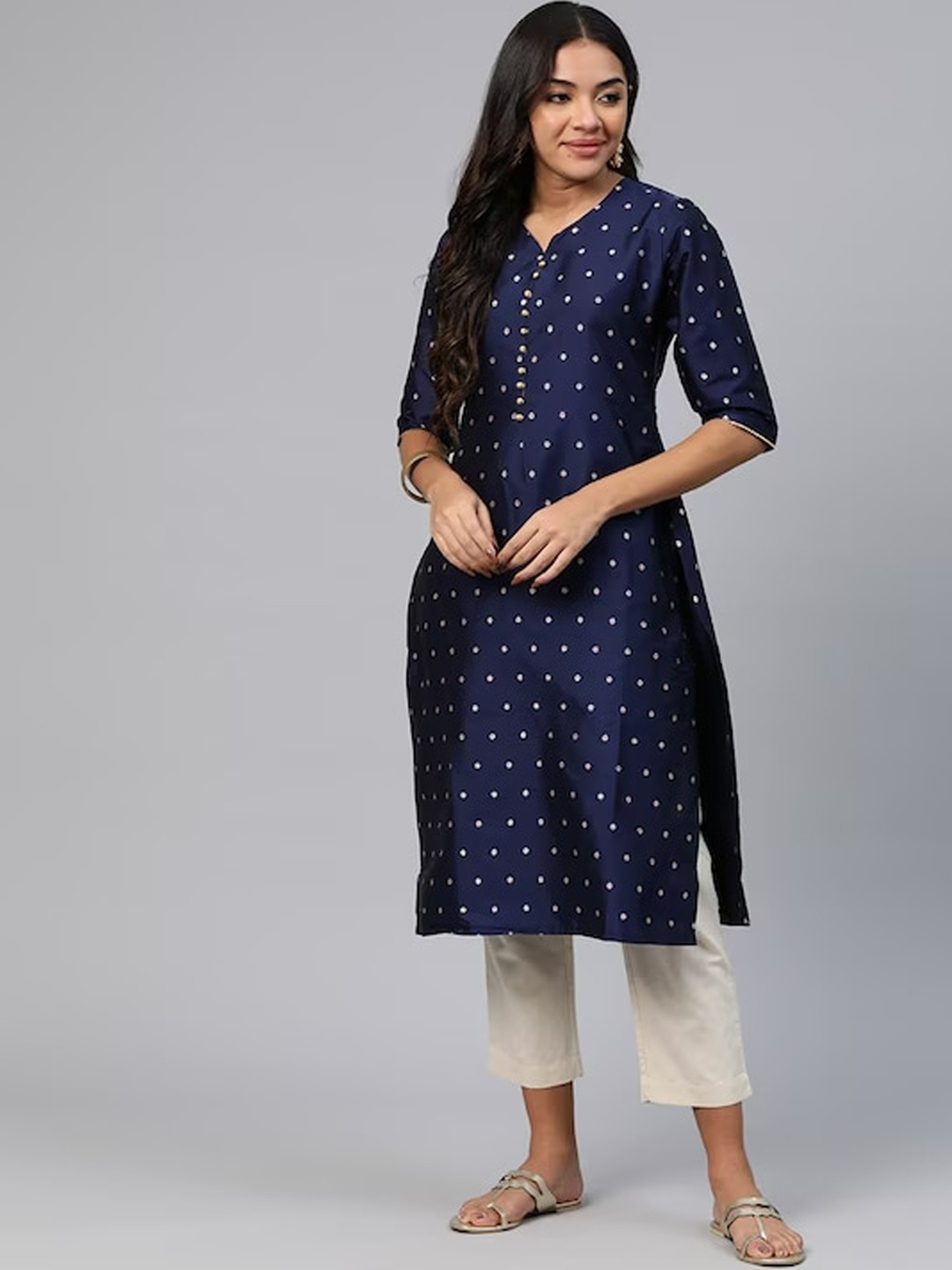 

KALINI Geometric Printed Silk Kurta, Navy blue
