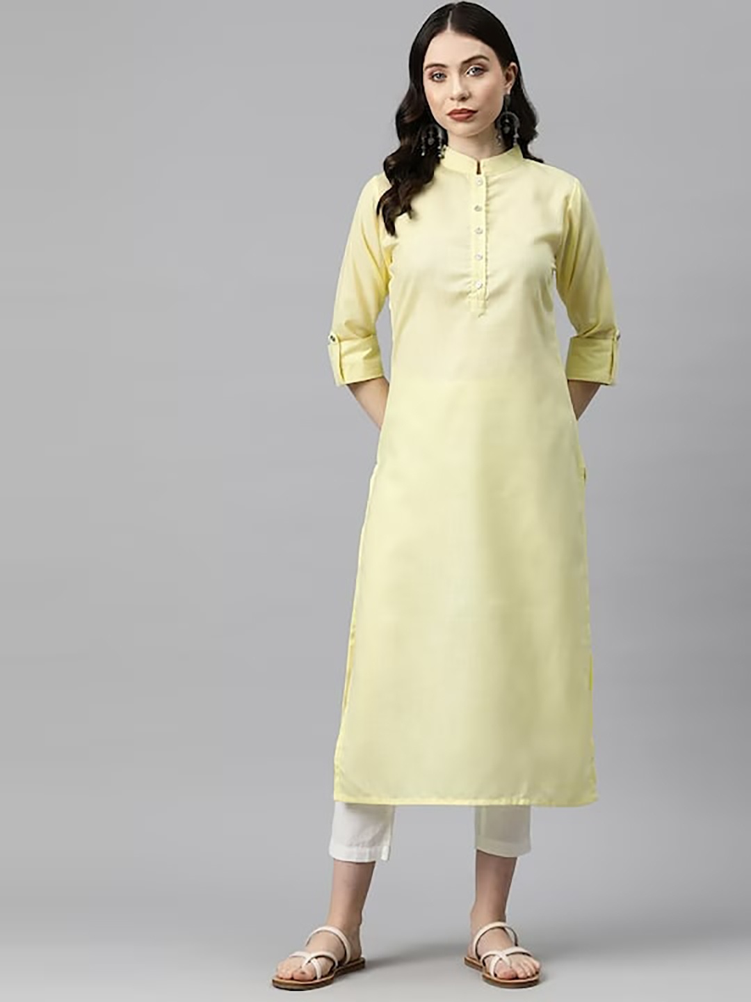 

KALINI Mandarin Collar Roll-Up Sleeves Cotton Kurta, Yellow