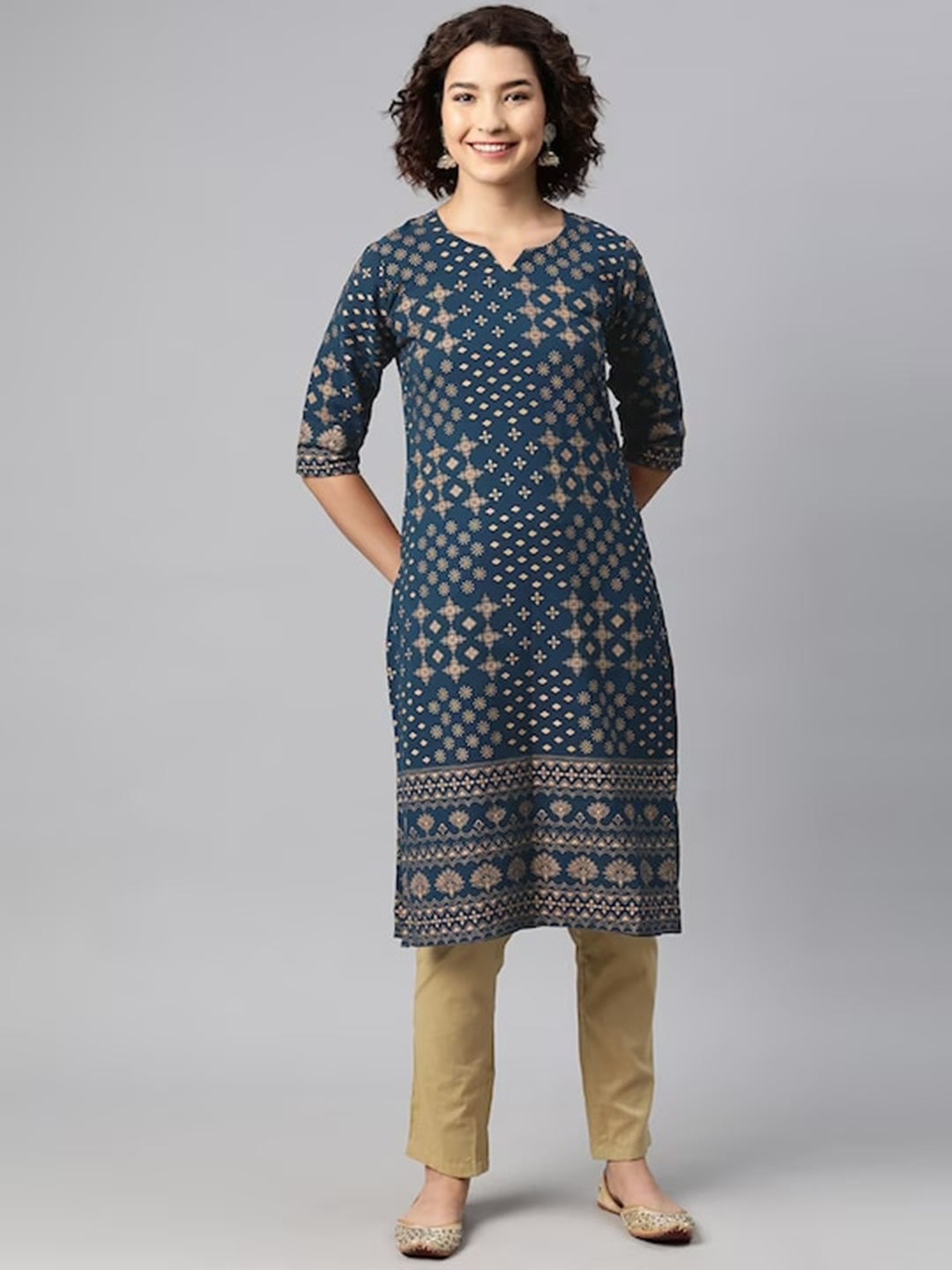

KALINI Ethnic Motifs Printed Notched Neck Georgette Kurta, Navy blue