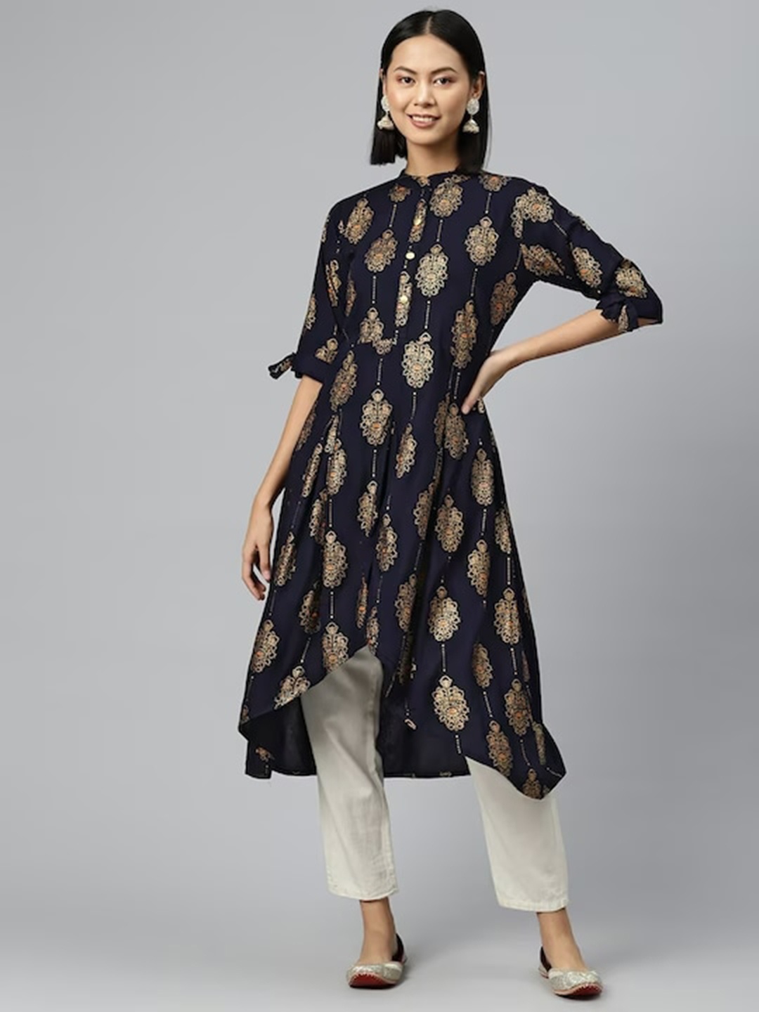 

KALINI Ethnic Motifs Printed Mandarin Collar High-Low A-Line Kurta, Navy blue
