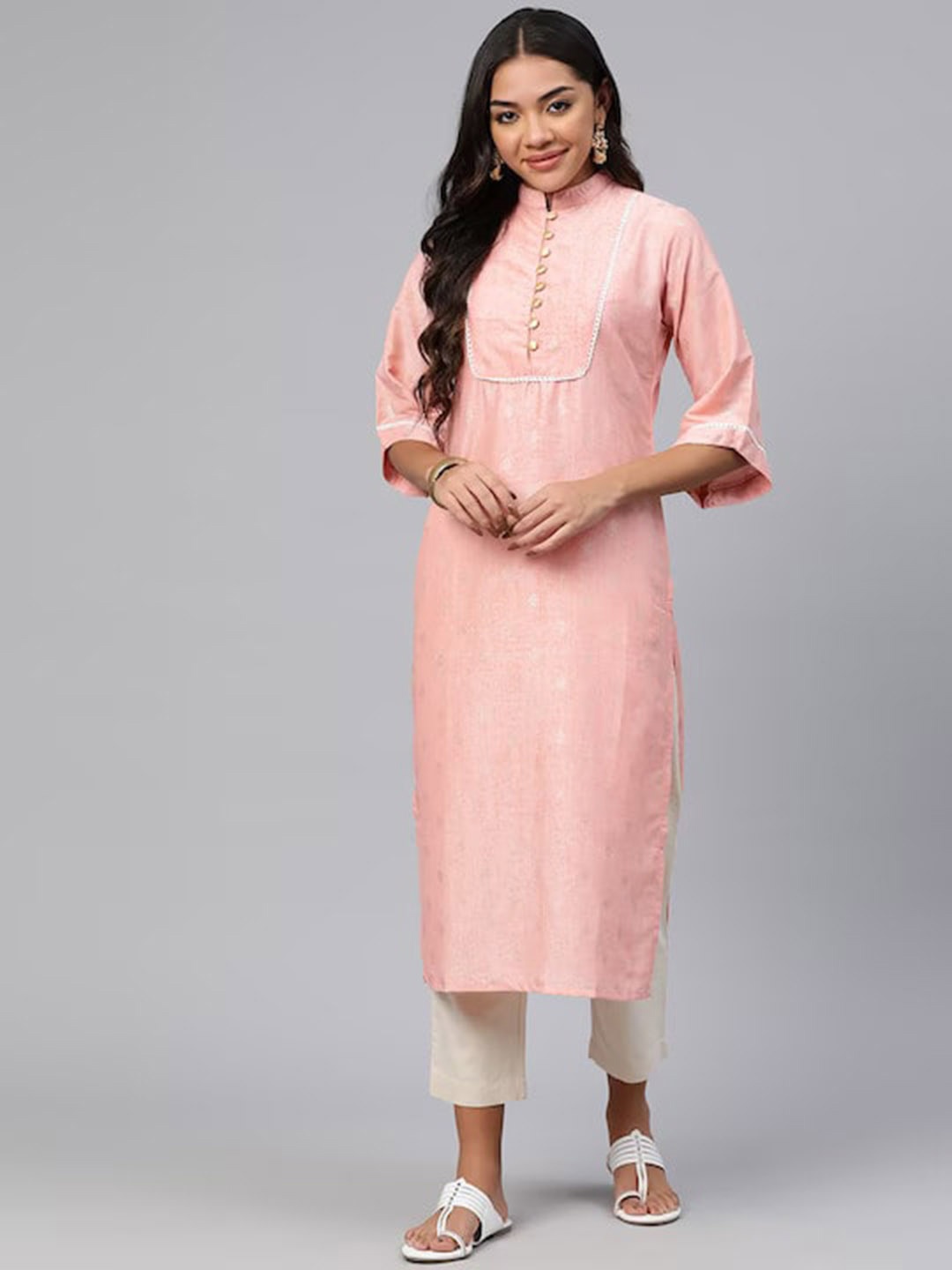 

KALINI Ethnic Motifs Printed Mandarin Collar Silk Kurta, Pink
