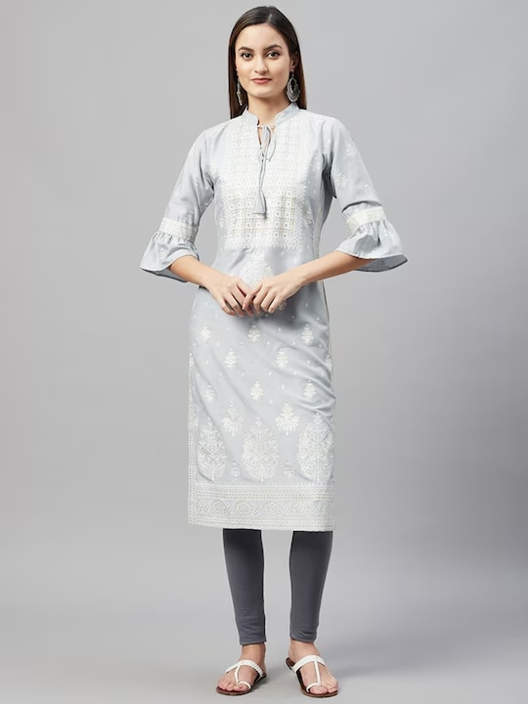

KALINI Ethnic Motifs Printed Tie-Up Neck Bell Sleeves Silk Kurta, Blue