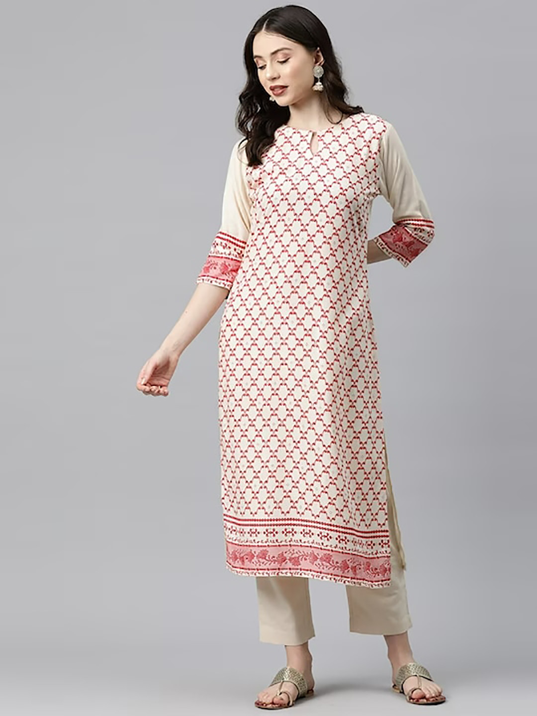 

KALINI Ethnic Motifs Printed Keyhole Neck Kurta, Off white