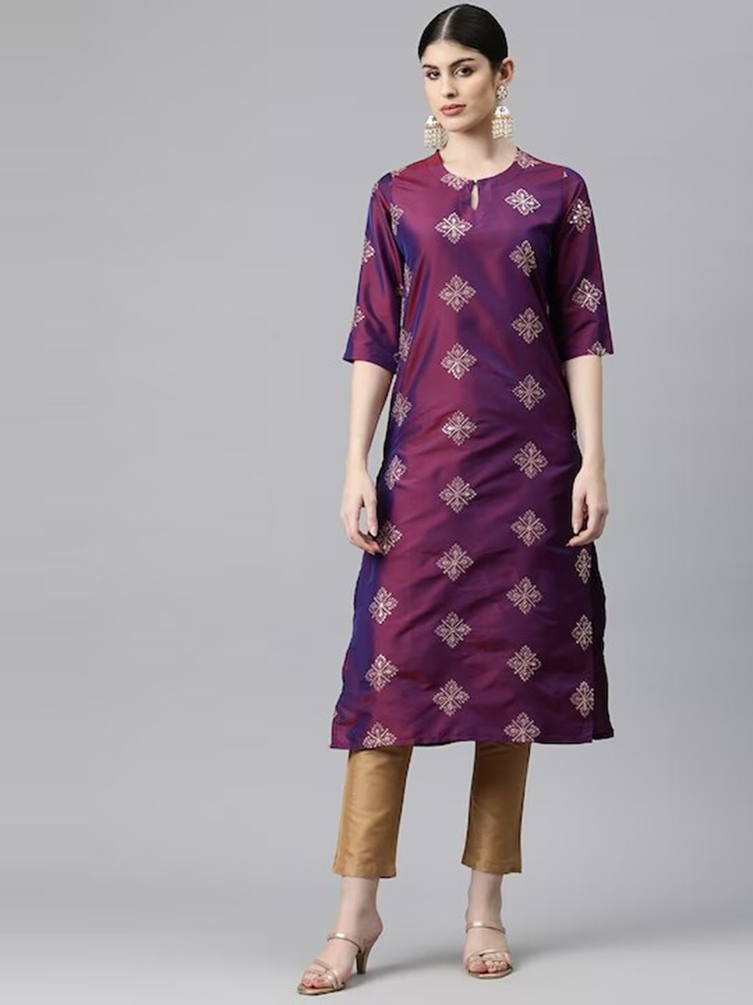 

KALINI Ethnic Motifs Embroidered Keyhole Neck Sequinned Kurta, Purple