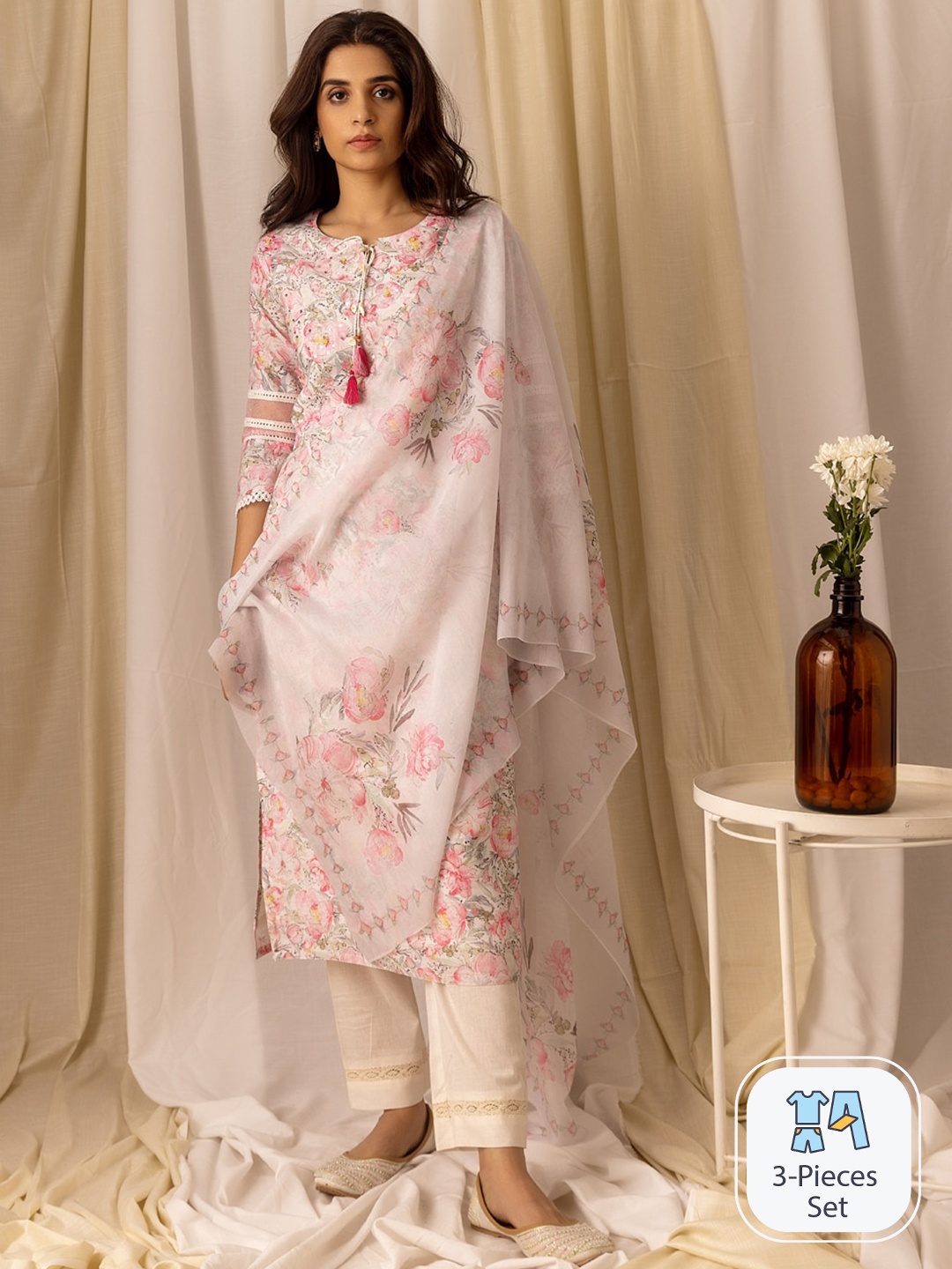 

Ishin Floral Printed Regular Sequinned Kurta with Trousers & With Dupatta, Pink
