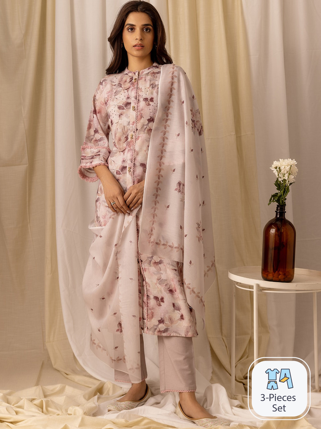 

Ishin Floral Printed Regular Sequinned Kurta with Trousers & With Dupatta, Peach