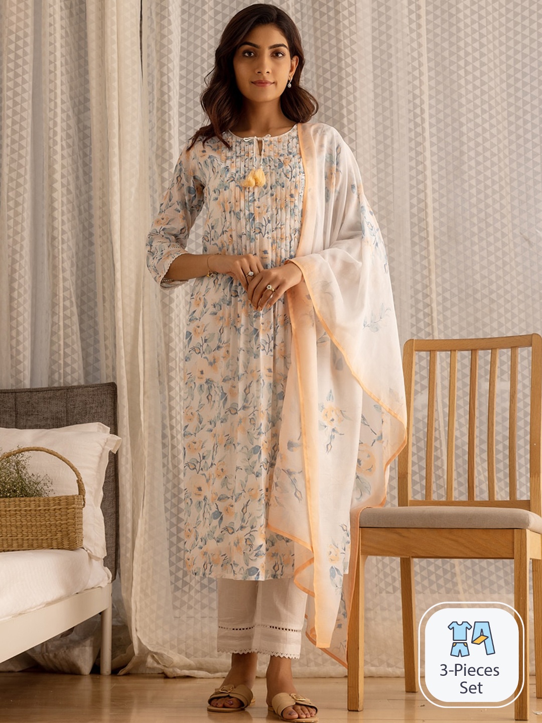 

Ishin Floral Printed Pleated Sequinned Kurta with Trousers & With Dupatta, Off white