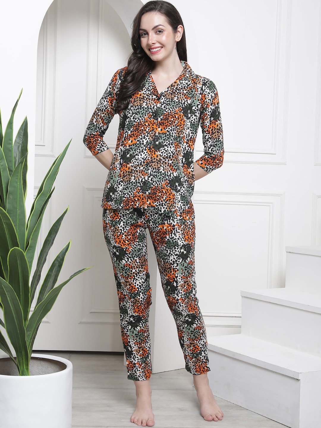 

Boston Club Women Animal Printed Shirt & Trousers, Brown