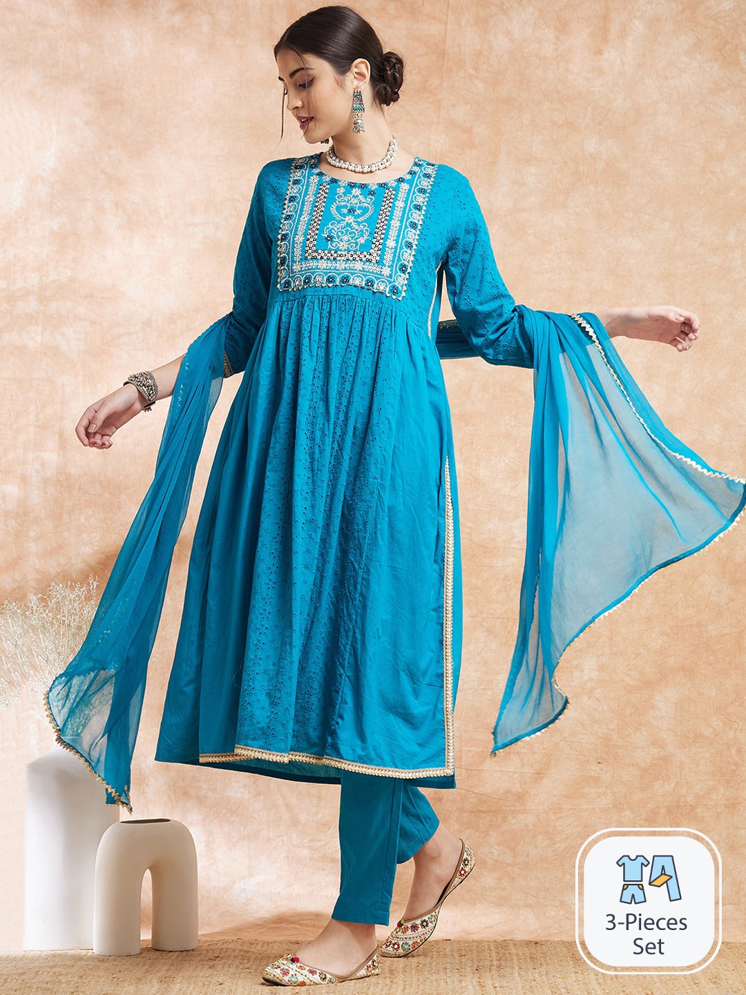 

Sangria Embroidered Pure Cotton Kurta With Trouser & Dupatta, Blue