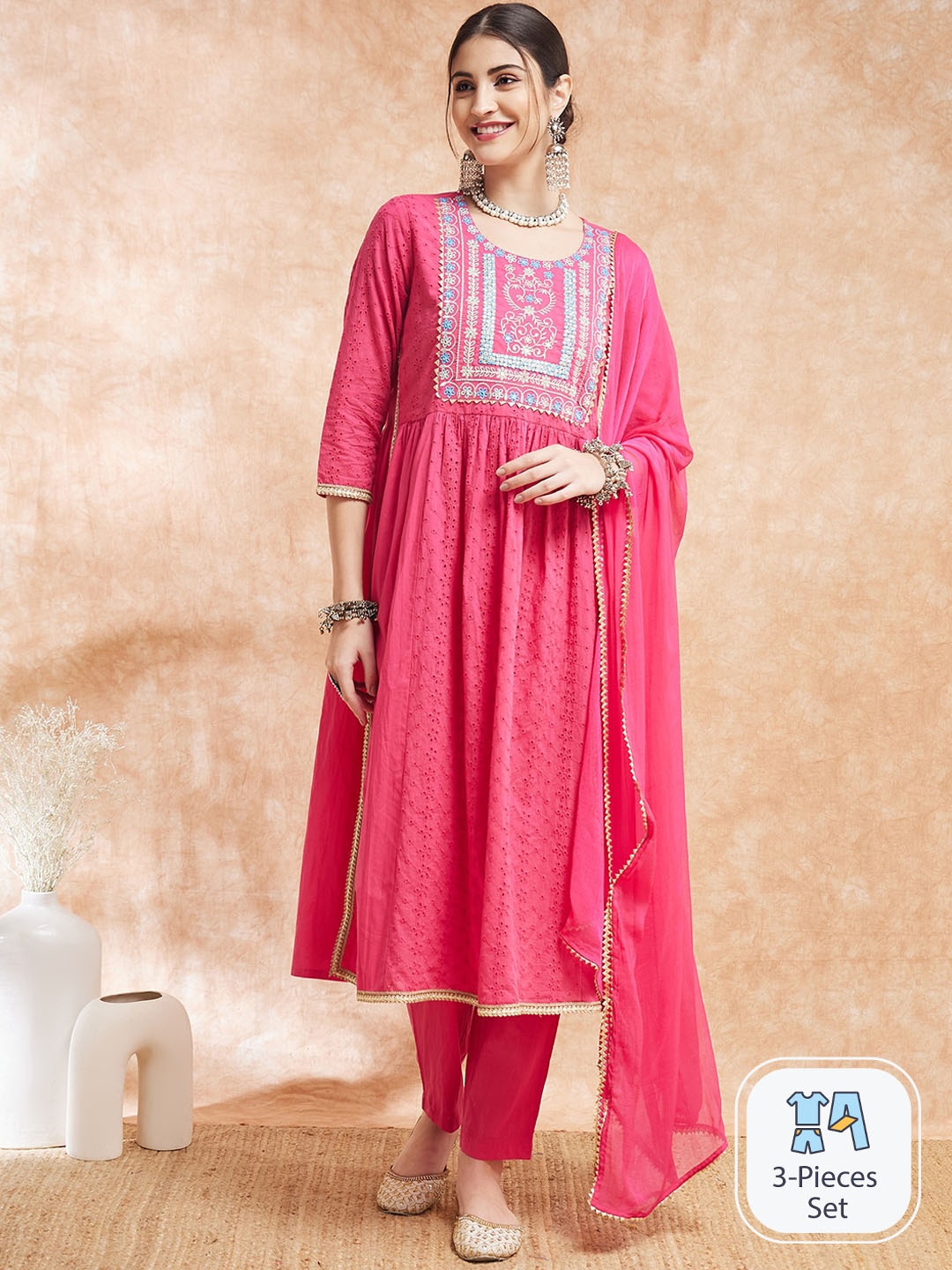 

Sangria Embroidered Pure Cotton Kurta With Trouser & Dupatta, Pink