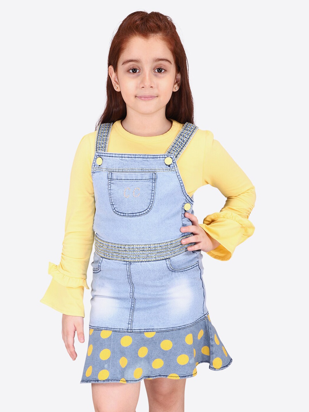 

CUTECUMBER Girls Polka Dot Printed Shoulder Straps Pinafore Dress, Yellow