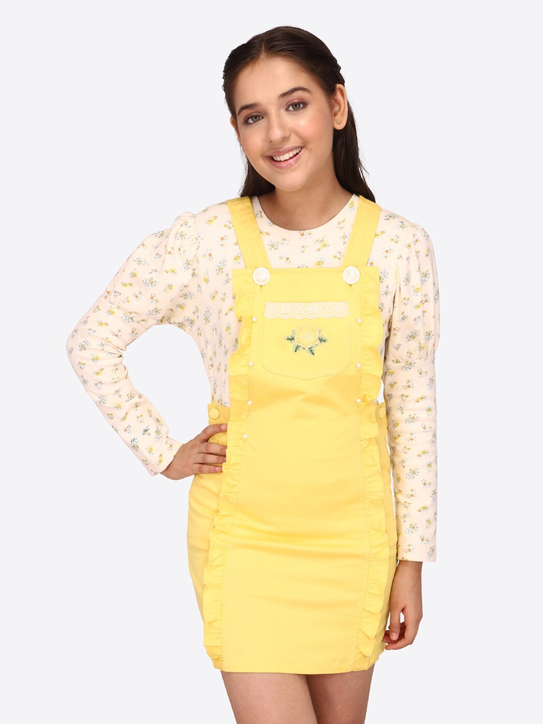 

CUTECUMBER Girls Denim Pinafore Dress With Top, Yellow
