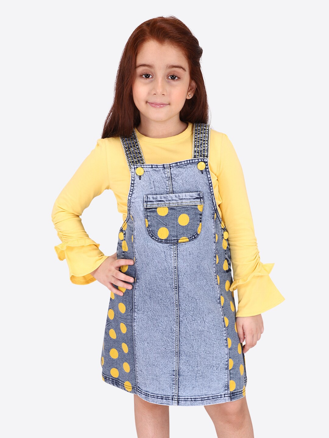 CUTECUMBER Girls Polka Dots Printed Denim Pinafore Dress, Blue