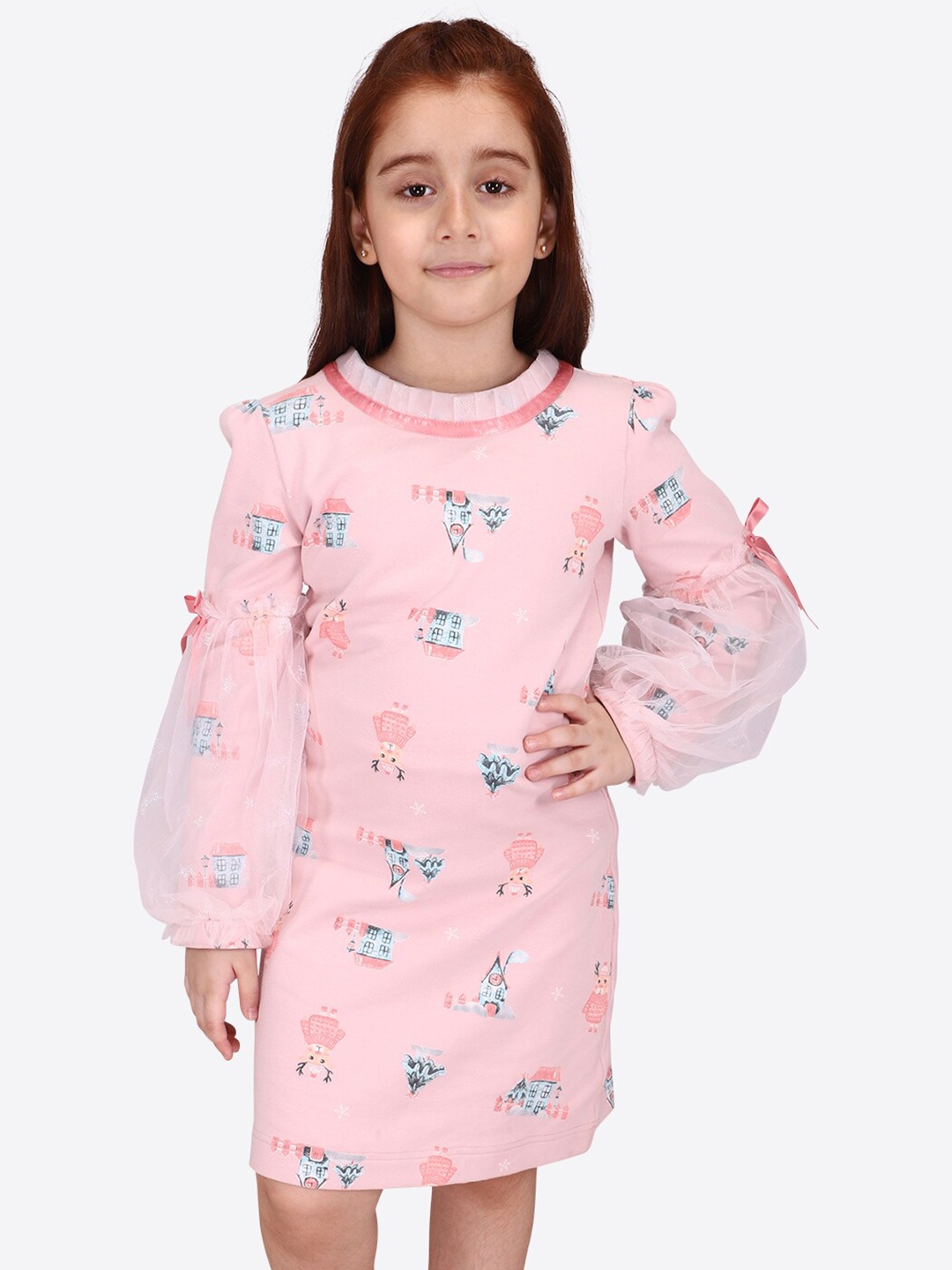 

CUTECUMBER Girls Conversational Printed Puff Sleeve Net A-Line Dress, Pink