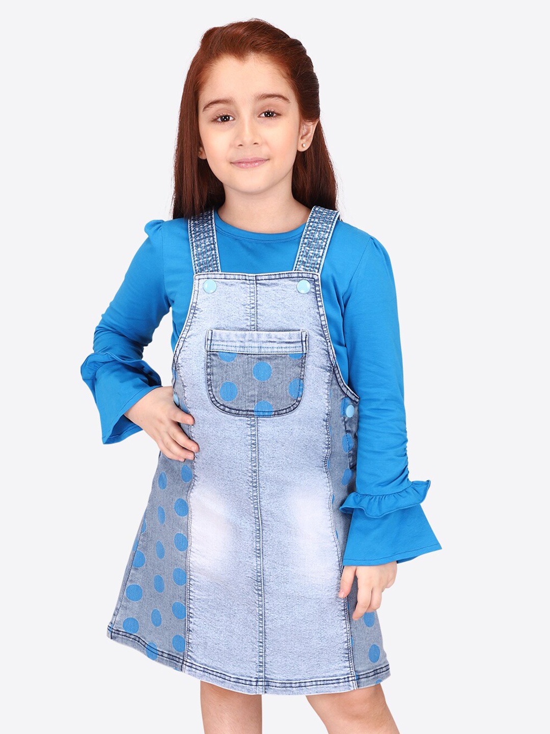 

CUTECUMBER Girls Polka Dot Printed Shoulder Straps Pinafore Dress, Blue