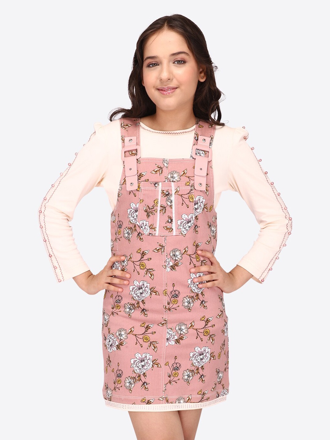 

CUTECUMBER Girls Floral Printed Shoulder Straps Pinafore Dress, Peach