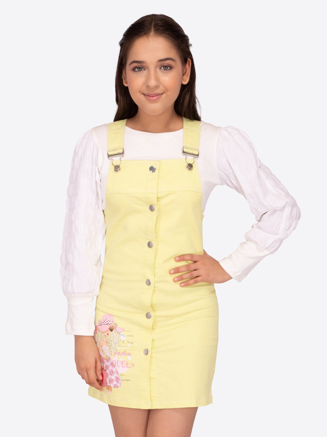 

CUTECUMBER Graphic Printed Shoulder Straps Pinafore Dress, Yellow