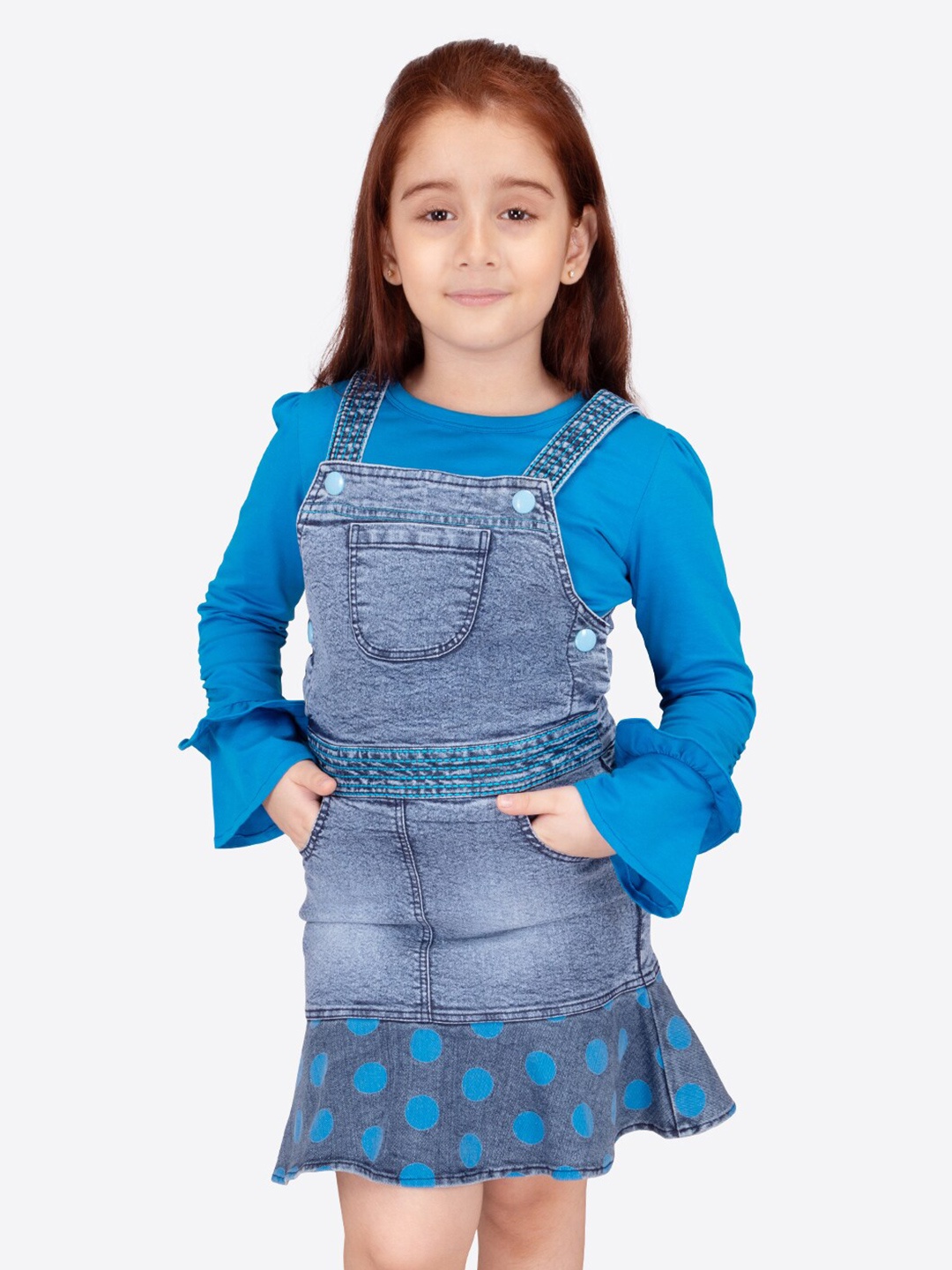 

CUTECUMBER Girls Polka Dots Printed Denim Pinafore Dress, Blue