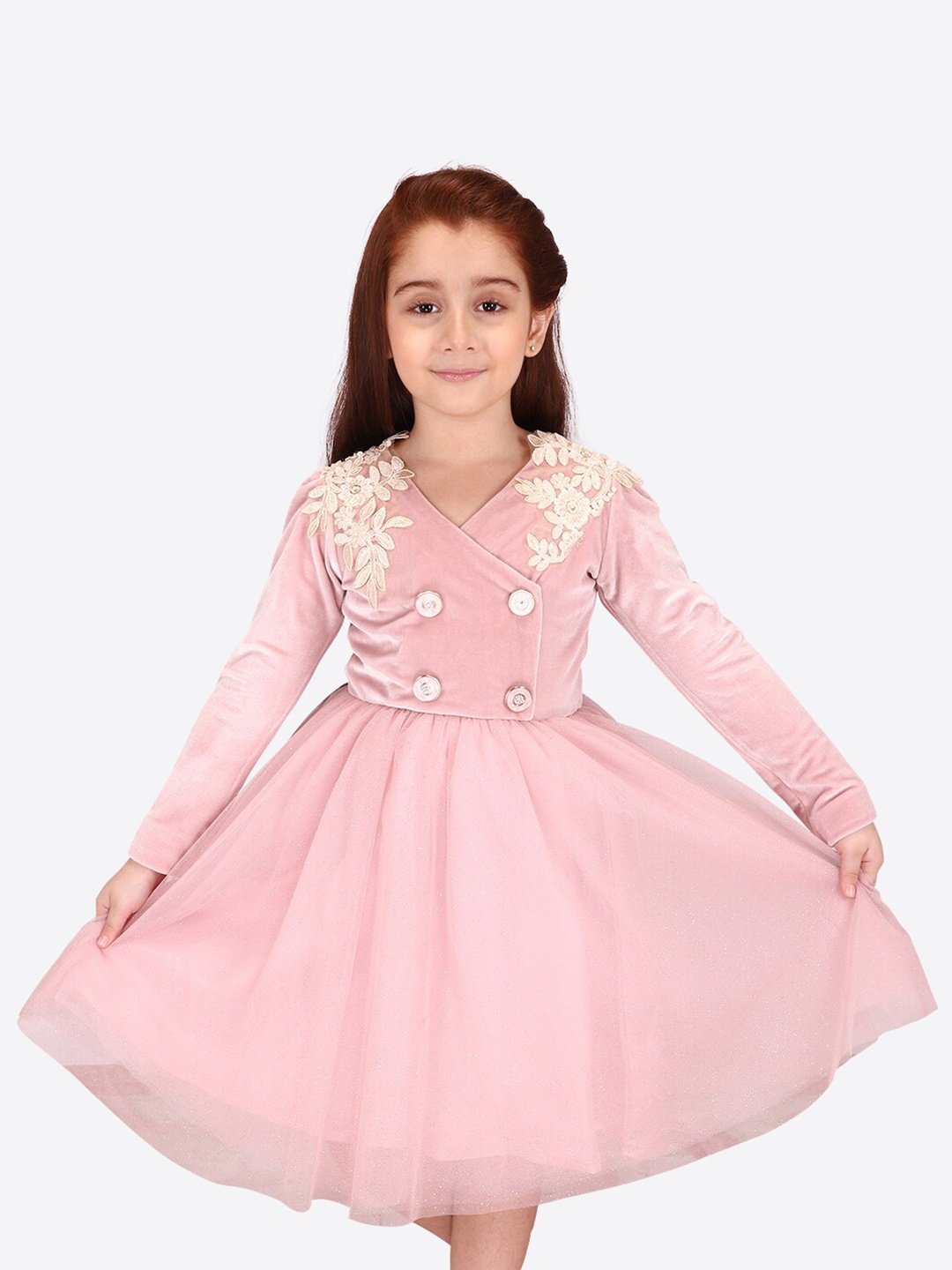 

CUTECUMBER Girls Floral Self Design Net Fit & Flare Dress, Pink