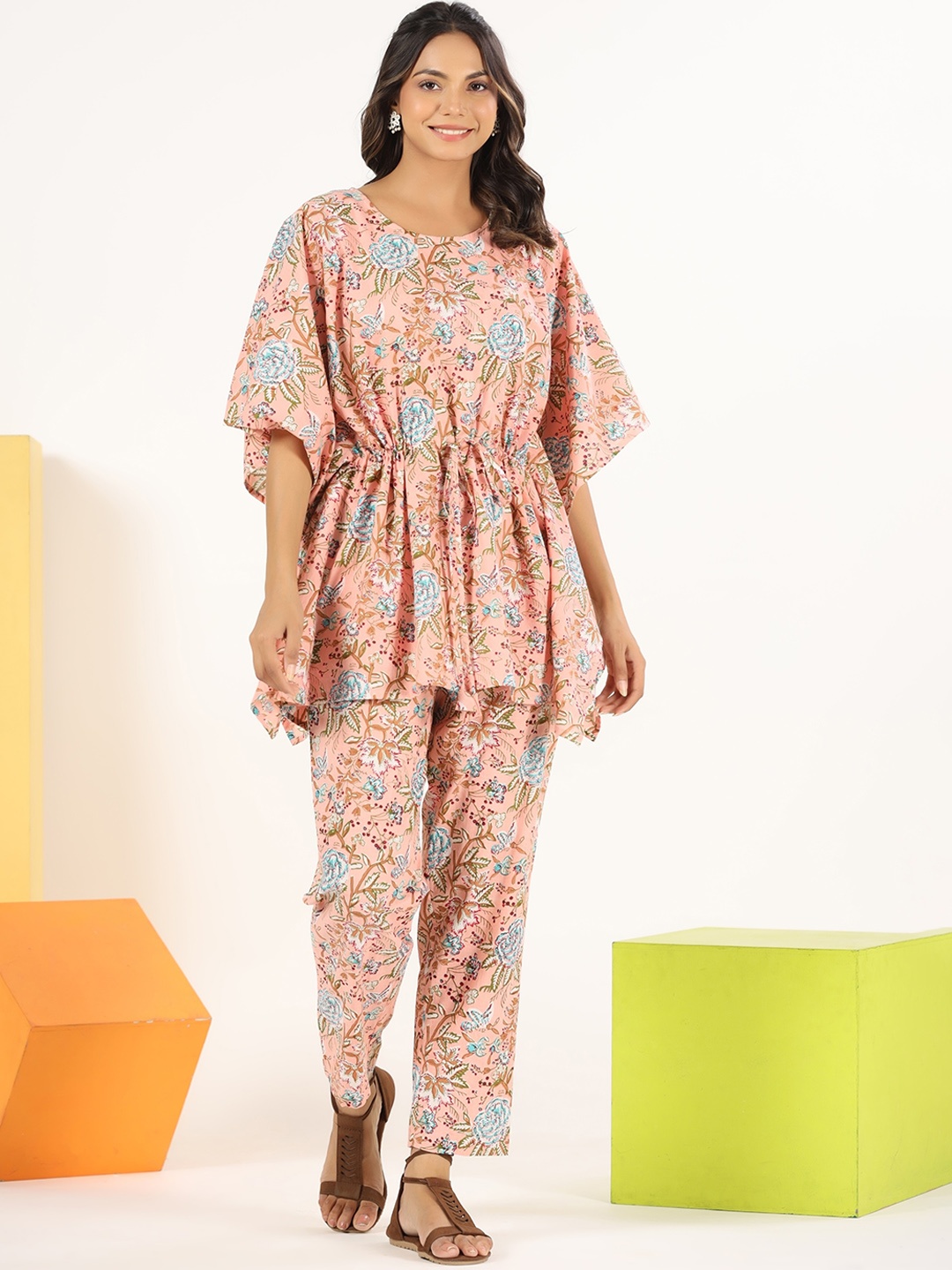 

mirari Floral Printed Cotton Kaftan Top & Pyjama, Pink