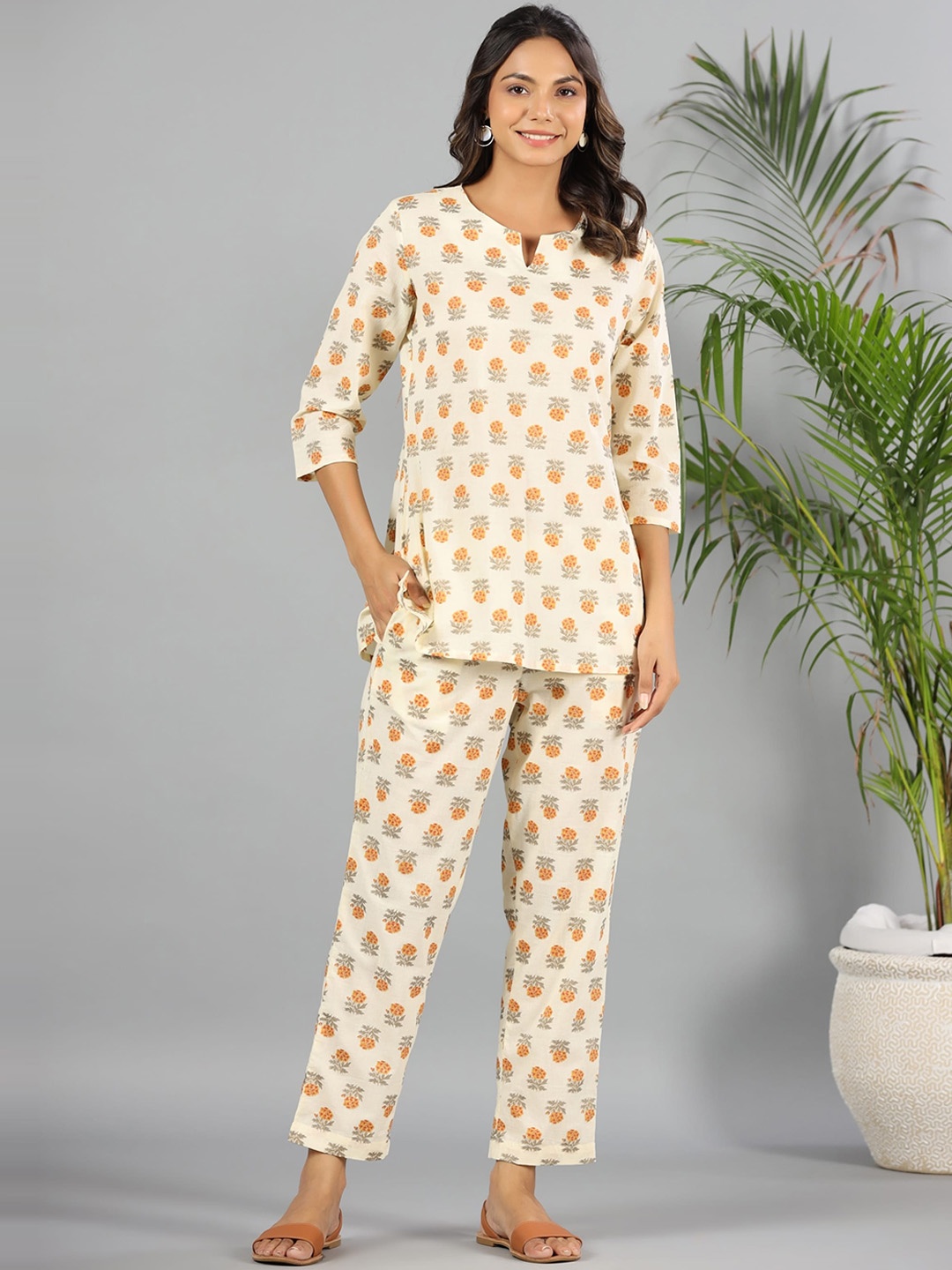 

mirari Ethnic Motifs Printed Pure Cotton Kurti & Pyjamas Co-Ords Set, Cream