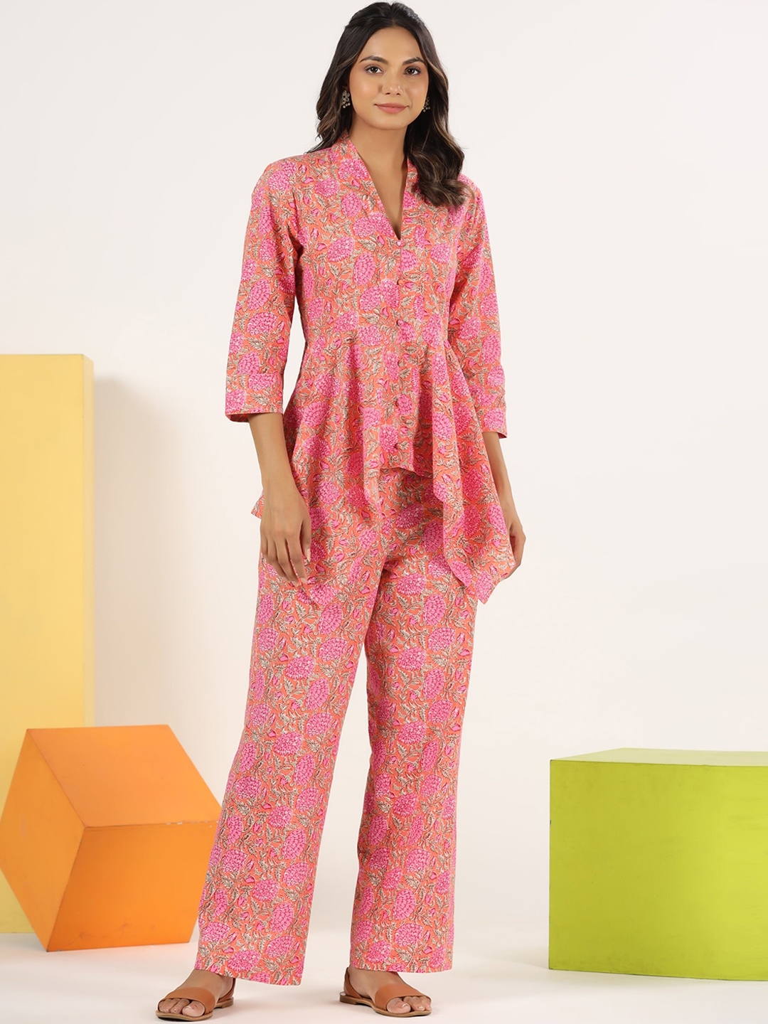 

mirari Floral Printed V-Neck Pure Cotton Tunic & Trouser, Pink
