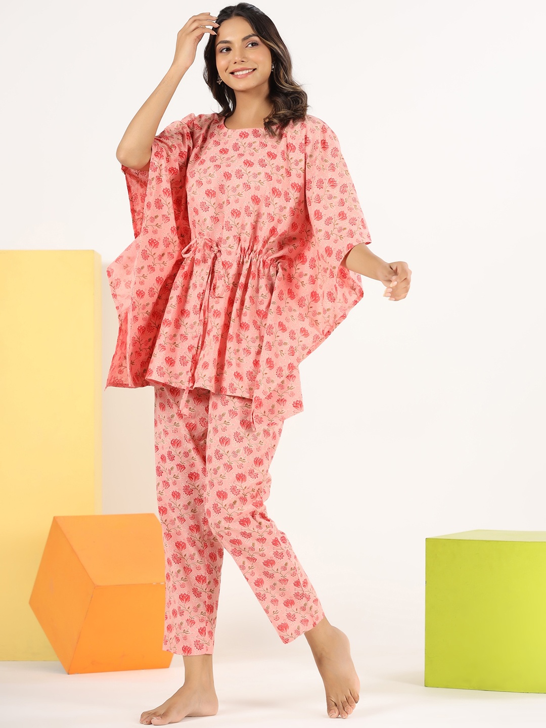 

mirari Women Floral Printed Kaftan With Trousers, Pink
